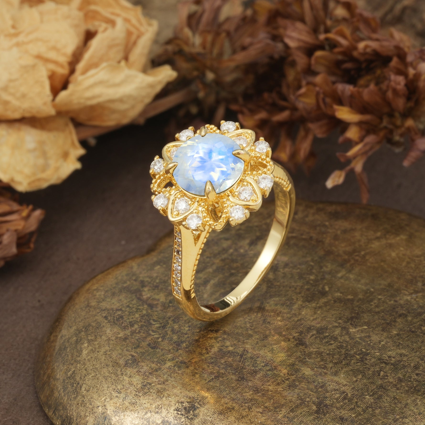 Nature-Inspired, Luxurious Floral Design, 4-Prong Round Cut Moonstone Engagement Ring - Additional view