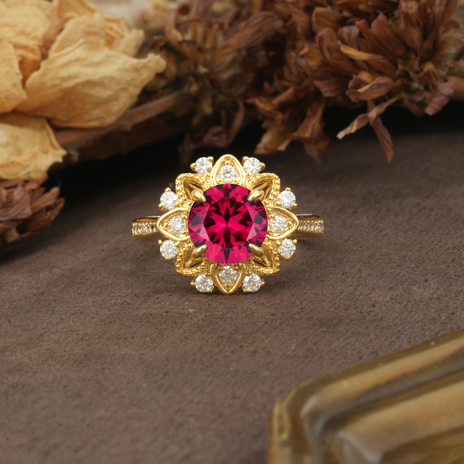 Nature-Inspired, Luxurious Floral Design, 4-Prong Round Cut Ruby Engagement Ring - Additional view