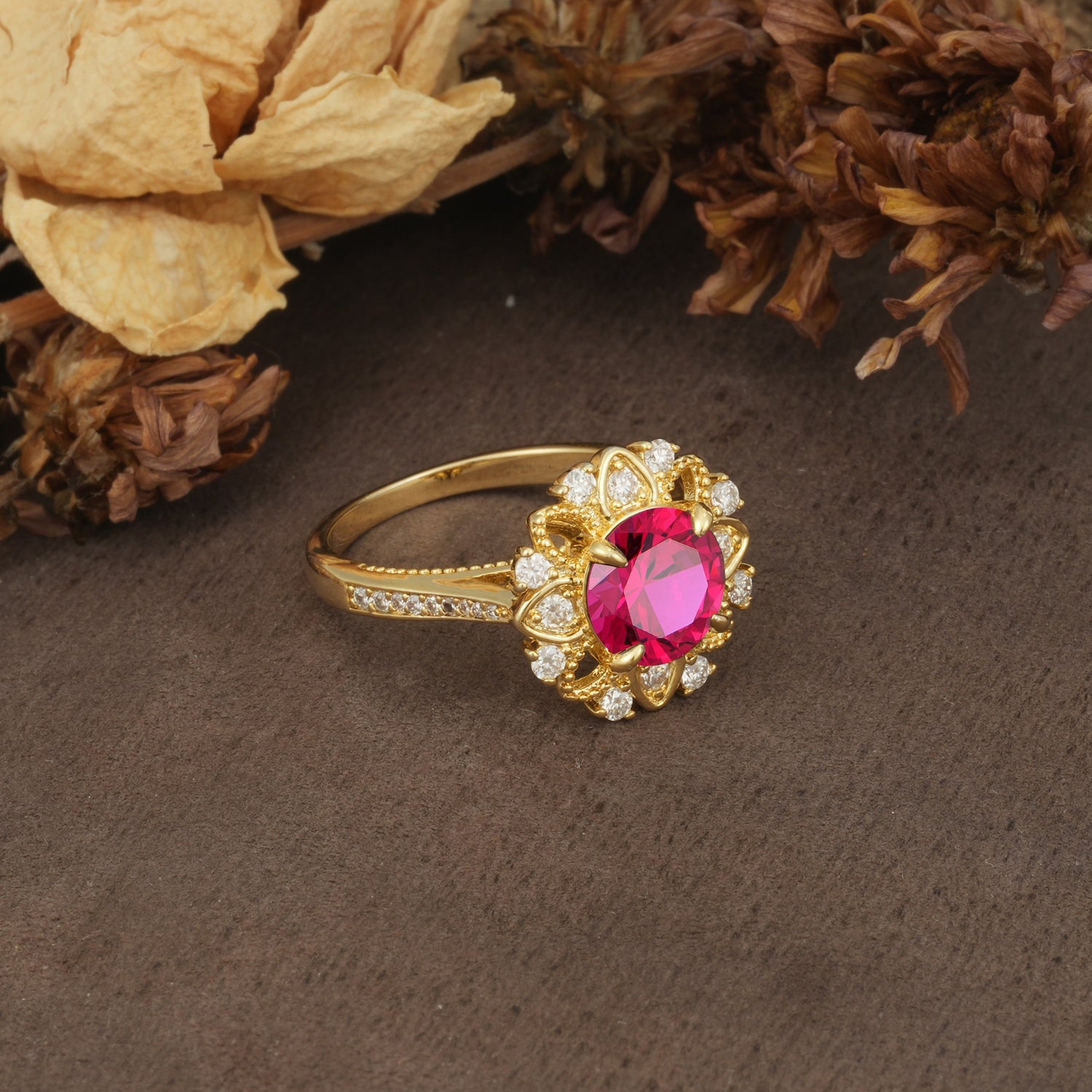 Nature-Inspired, Luxurious Floral Design, 4-Prong Round Cut Ruby Engagement Ring - Additional view