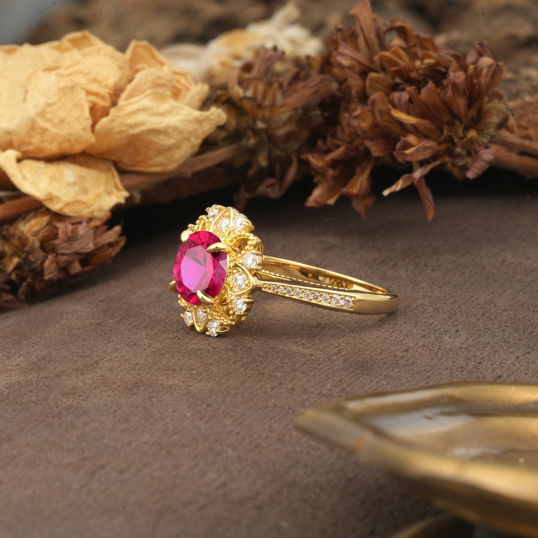 Nature-Inspired, Luxurious Floral Design, 4-Prong Round Cut Ruby Engagement Ring - Additional view