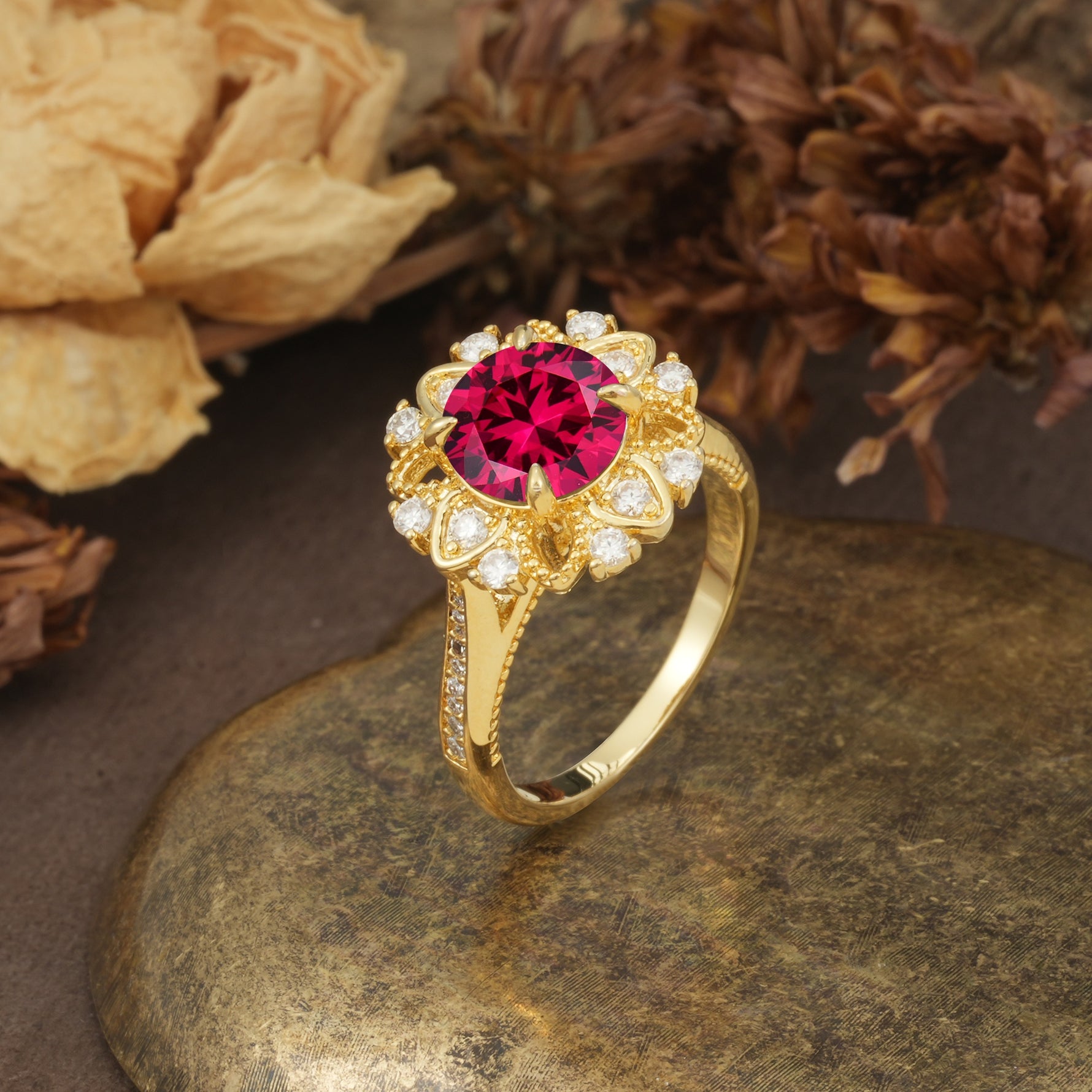Nature-Inspired, Luxurious Floral Design, 4-Prong Round Cut Ruby Engagement Ring - Additional view