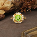 Nature-Inspired, Luxurious Floral Design, 4-Prong Round Cut Peridot Engagement Ring - Additional view