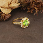 Nature-Inspired, Luxurious Floral Design, 4-Prong Round Cut Peridot Engagement Ring - Additional view