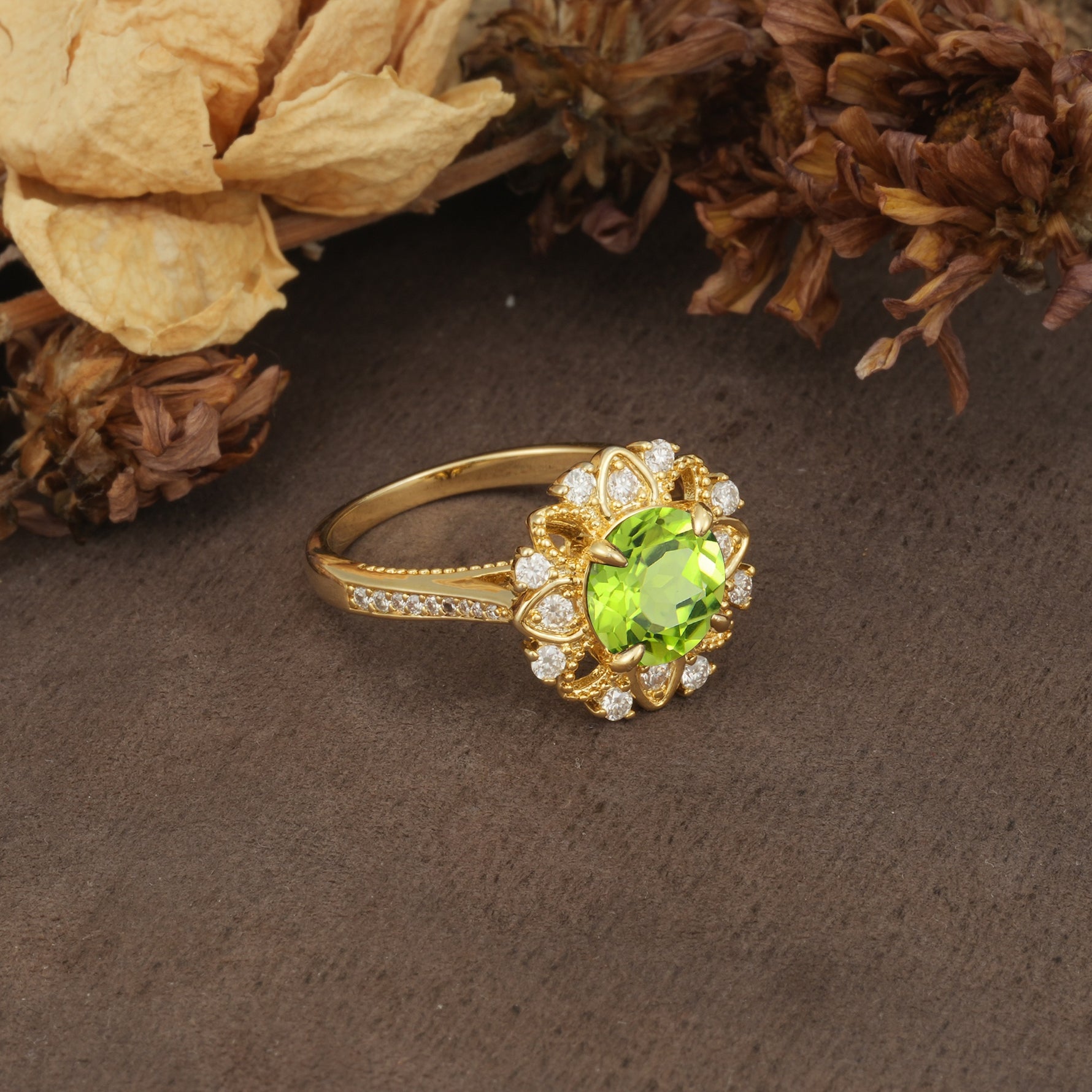 Nature-Inspired, Luxurious Floral Design, 4-Prong Round Cut Peridot Engagement Ring - Additional view