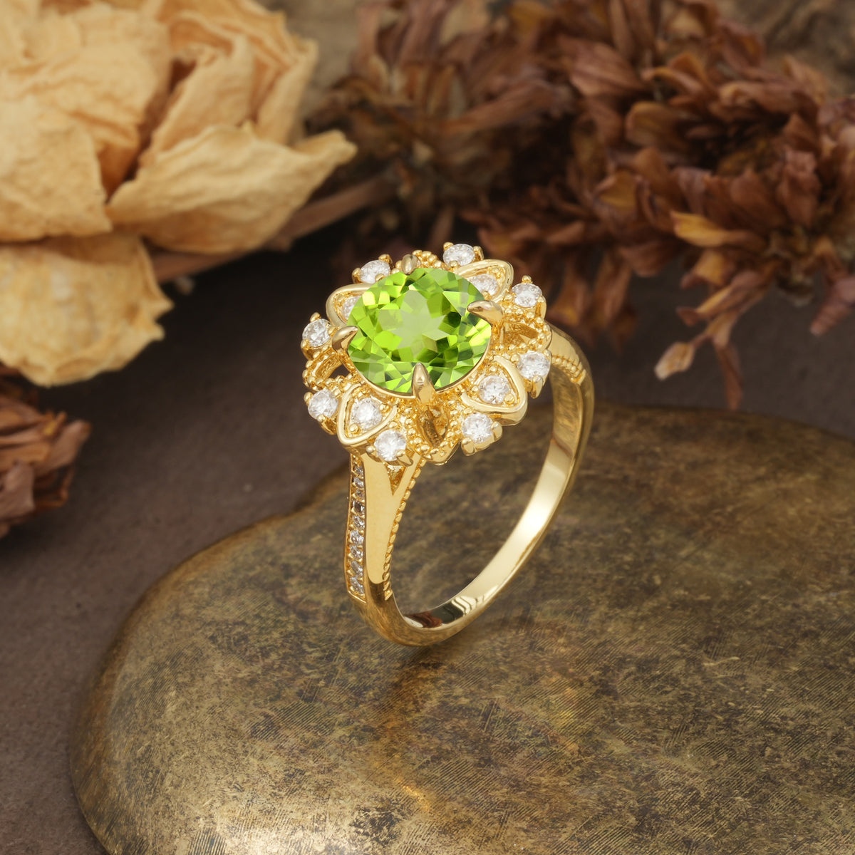 Nature-Inspired, Luxurious Floral Design, 4-Prong Round Cut Peridot Engagement Ring - Additional view