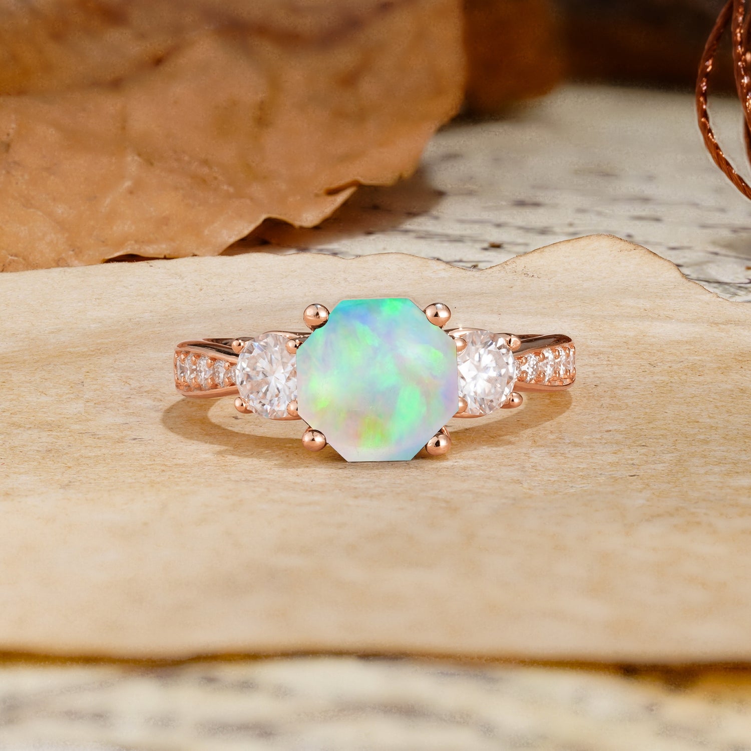 Classic Luxury 4-Prong Hexagonal Cut Fire Opal Three Stones Wedding Ring - Additional view