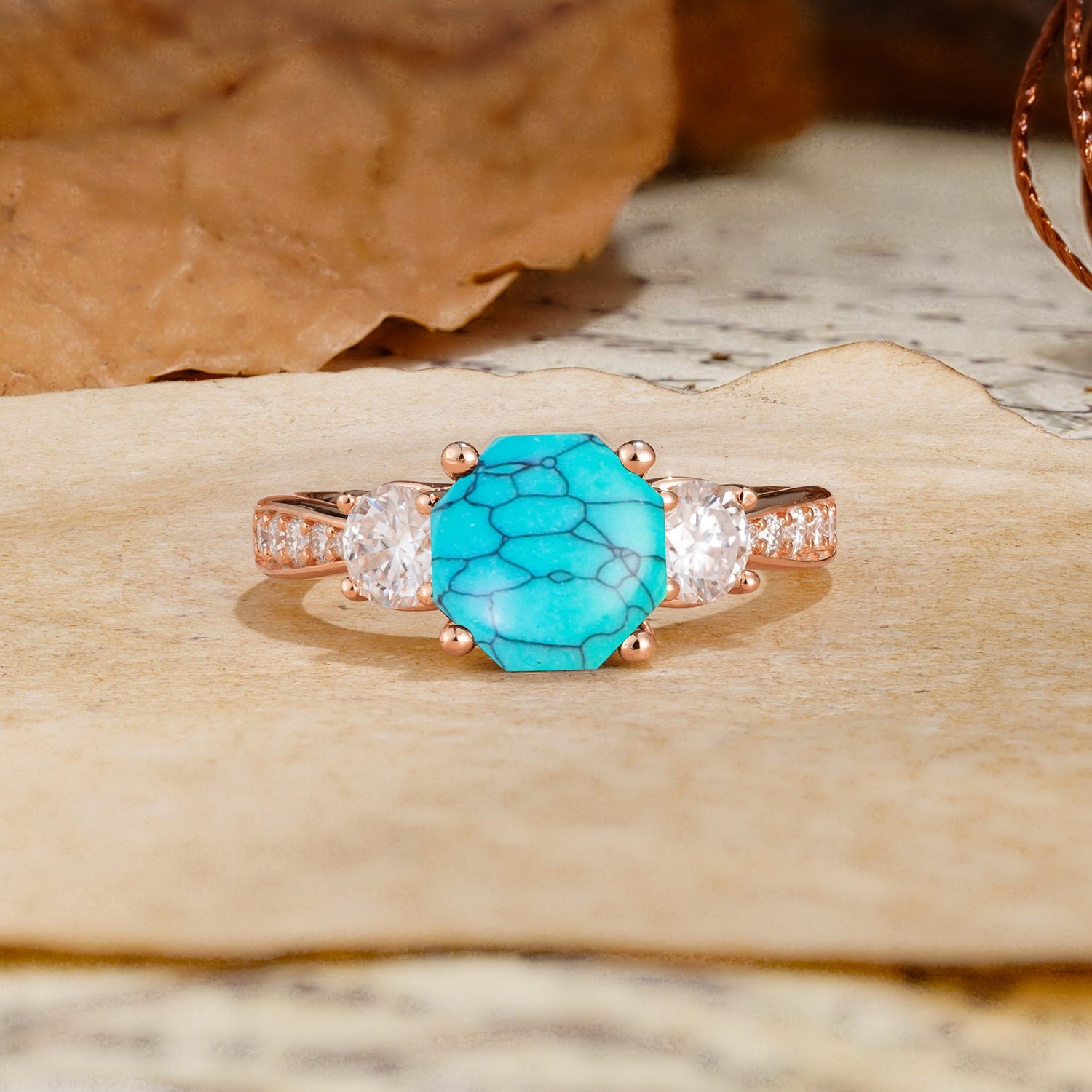 Classic Luxury 4-Prong Hexagonal Cut Turquoise Three Stones Wedding Ring - Additional view
