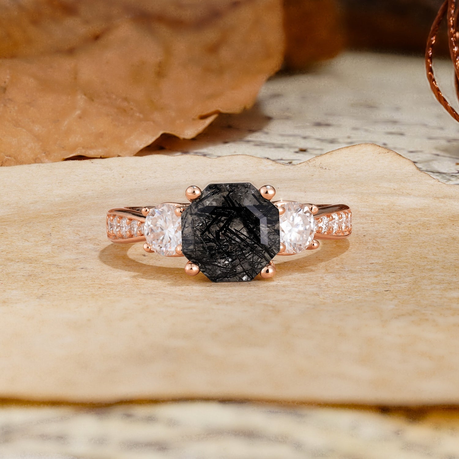 Classic Luxury 4-Prong Hexagonal Cut Black Rutilated Quartz Three Stones Wedding Ring - Additional view