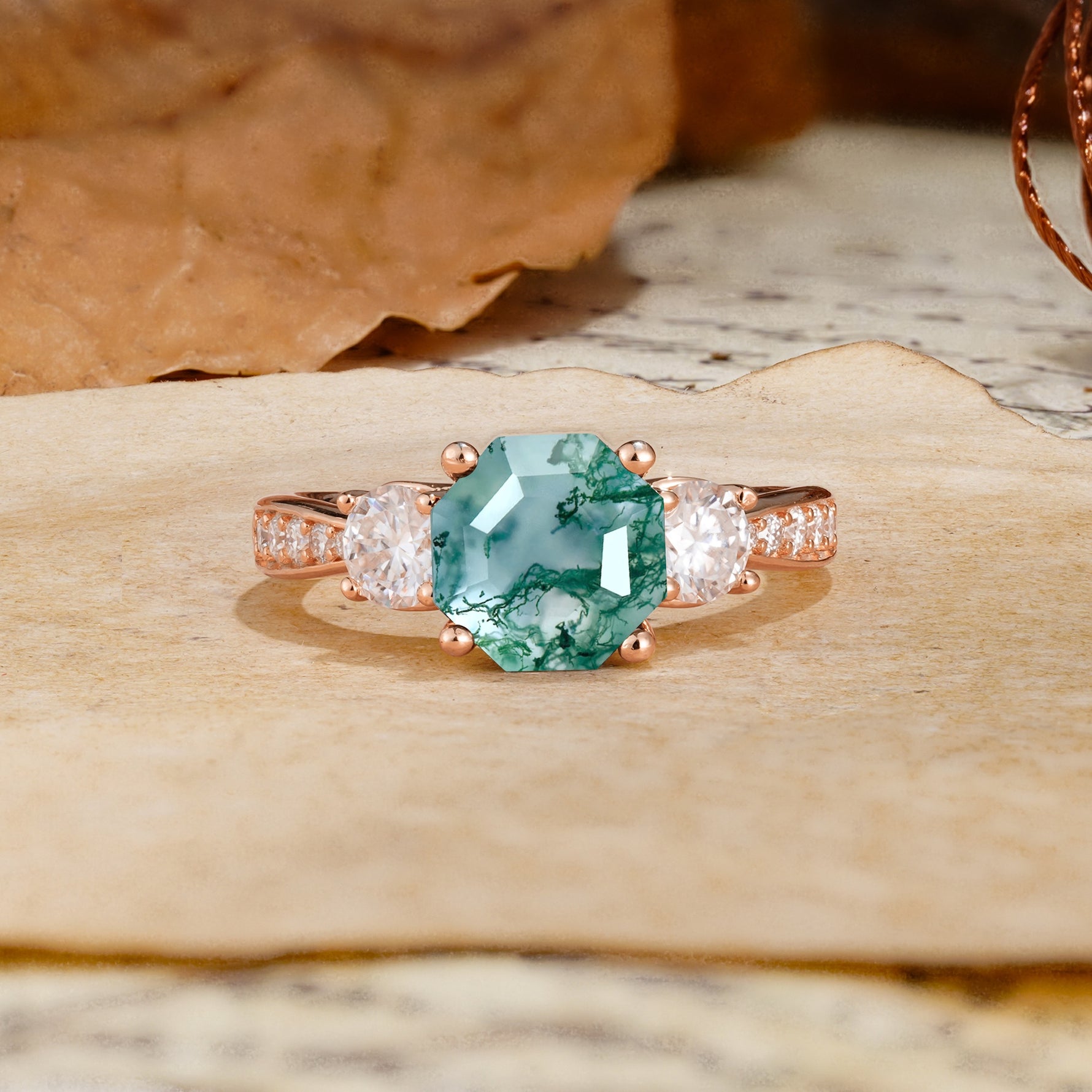 Classic Luxury 4-Prong Hexagonal Cut Moss Agate Three Stones Wedding Ring - Additional view