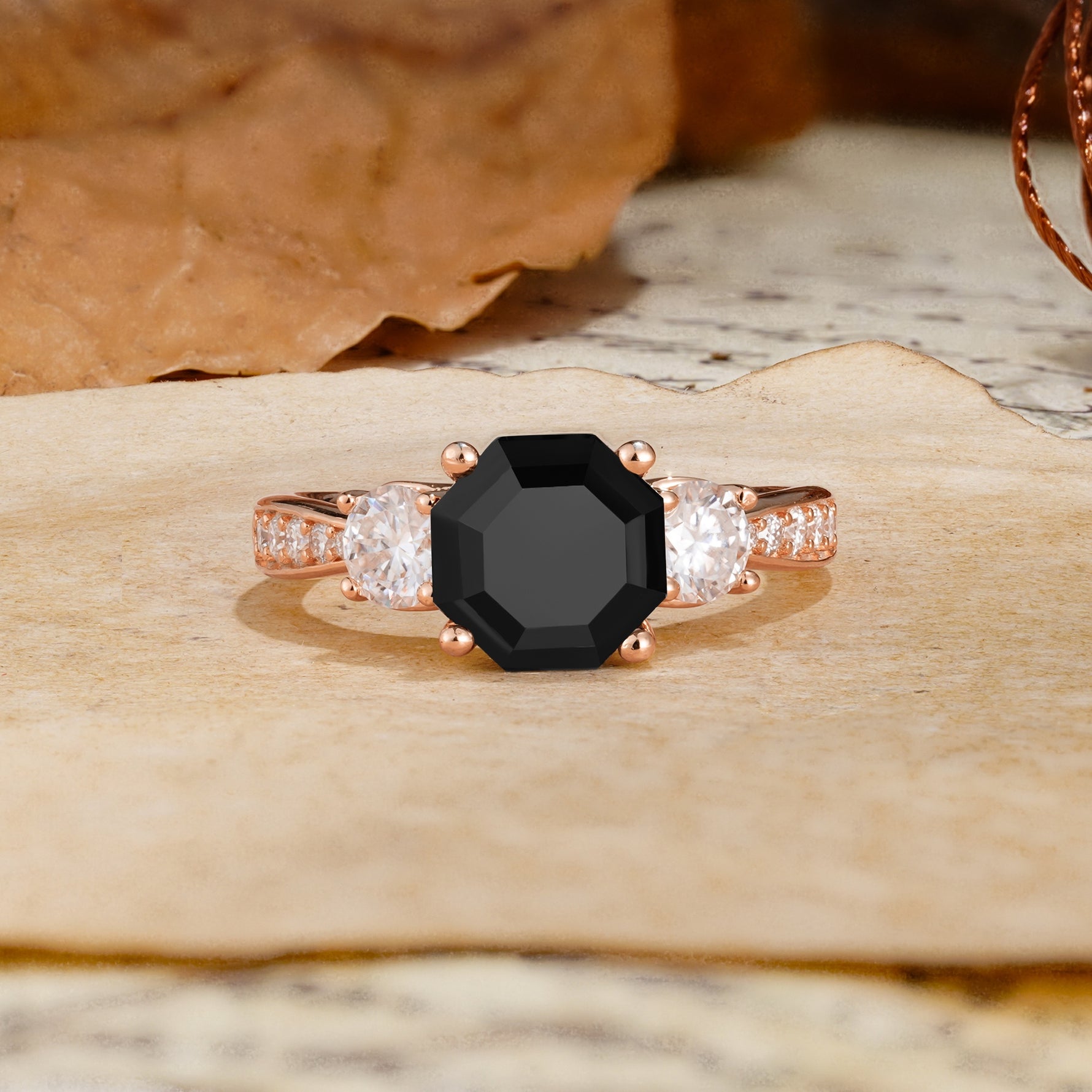 Classic Luxury 4-Prong Hexagonal Cut Black Onyx Three Stones Wedding Ring - Additional view