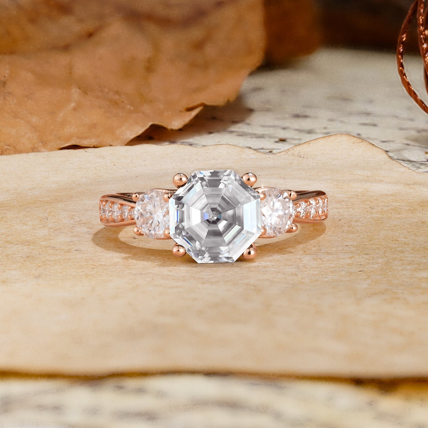 Classic Luxury 4-Prong Hexagonal Cut Lab Diamond Three Stones Wedding Ring - Additional view