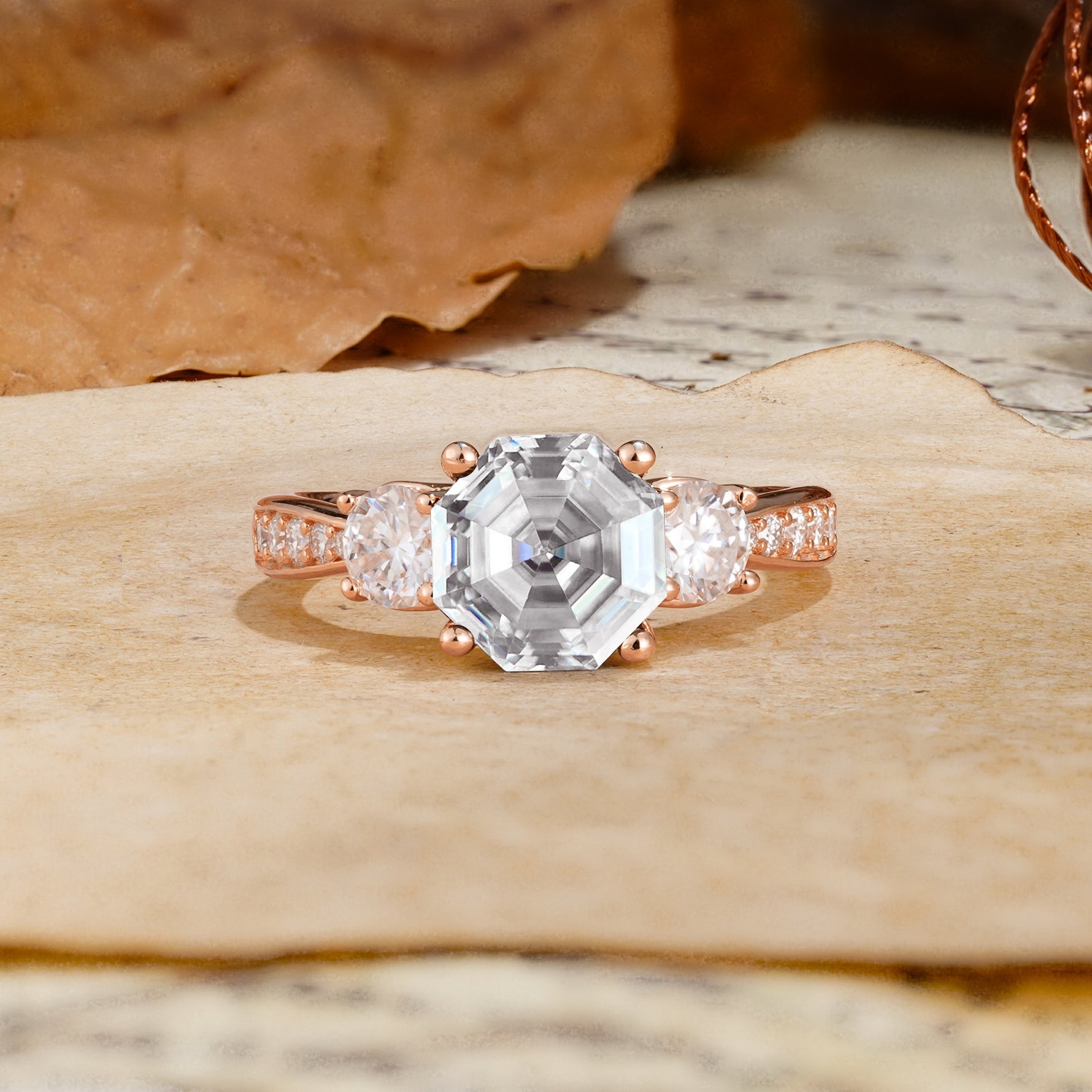 Classic Luxury 4-Prong Hexagonal Cut Lab Diamond Three Stones Wedding Ring - Additional view