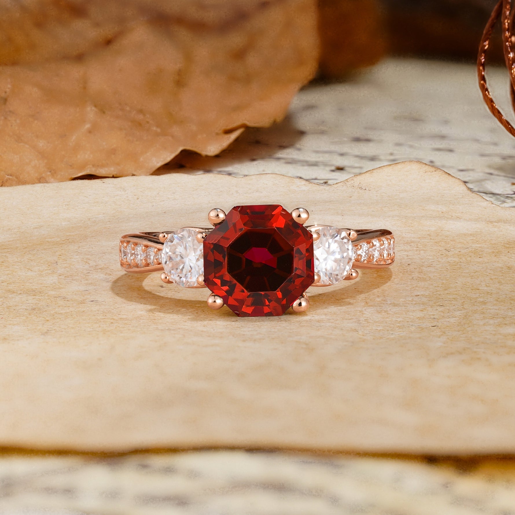 Classic Luxury 4-Prong Hexagonal Cut Garnet Three Stones Wedding Ring - Additional view