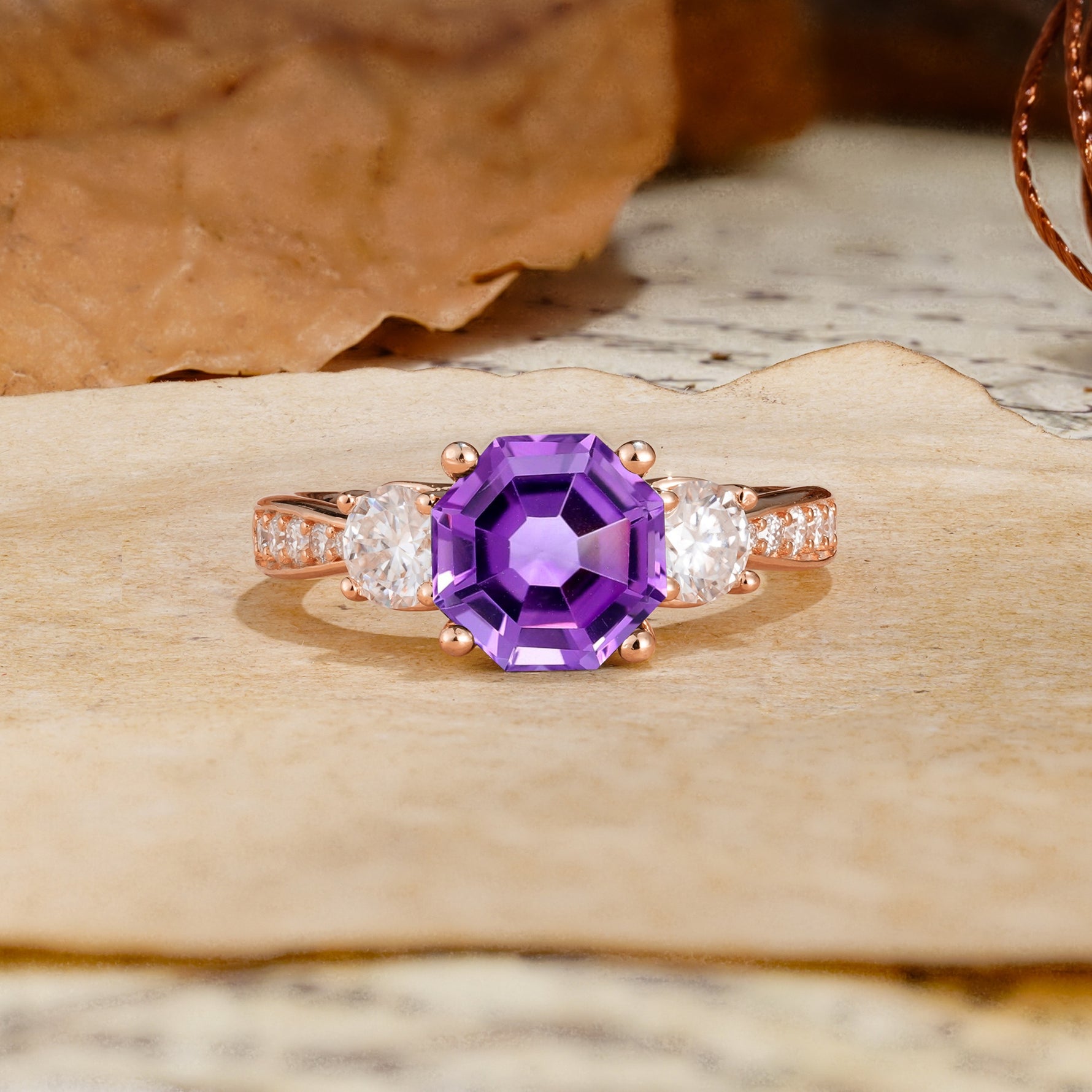 Classic Luxury 4-Prong Hexagonal Cut Amethyst Three Stones Wedding Ring - Additional view