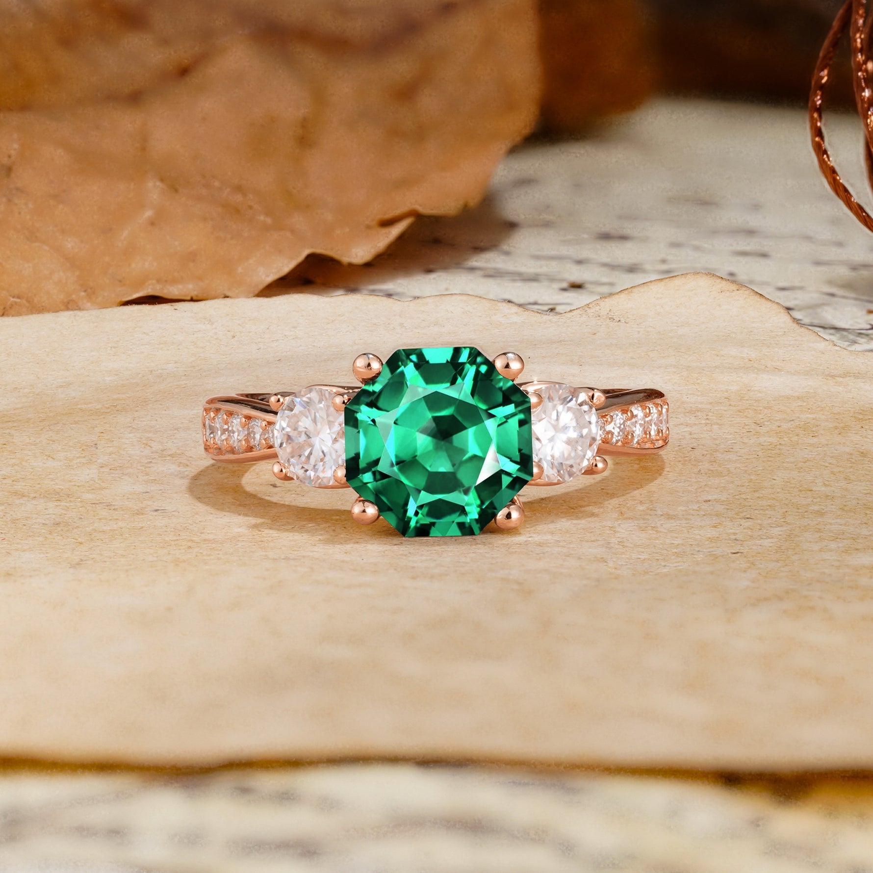 Classic Luxury 4-Prong Hexagonal Cut Emerald Three Stones Wedding Ring - Additional view