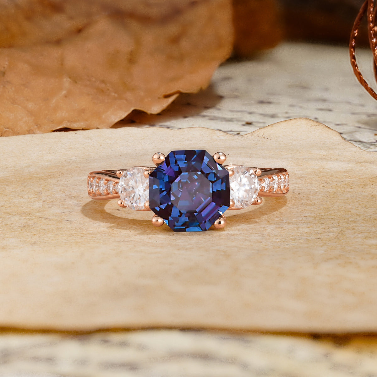 Classic Luxury 4-Prong Hexagonal Cut Alexandrite Three Stones Wedding Ring - Additional view