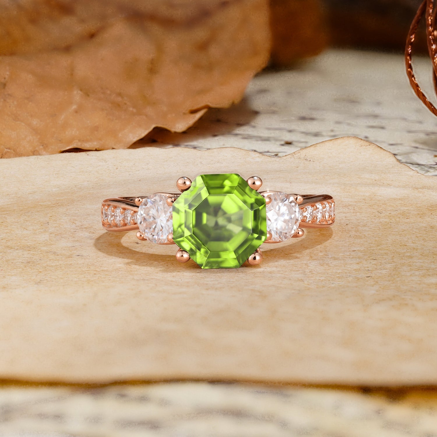 Classic Luxury 4-Prong Hexagonal Cut Peridot Three Stones Wedding Ring - Additional view