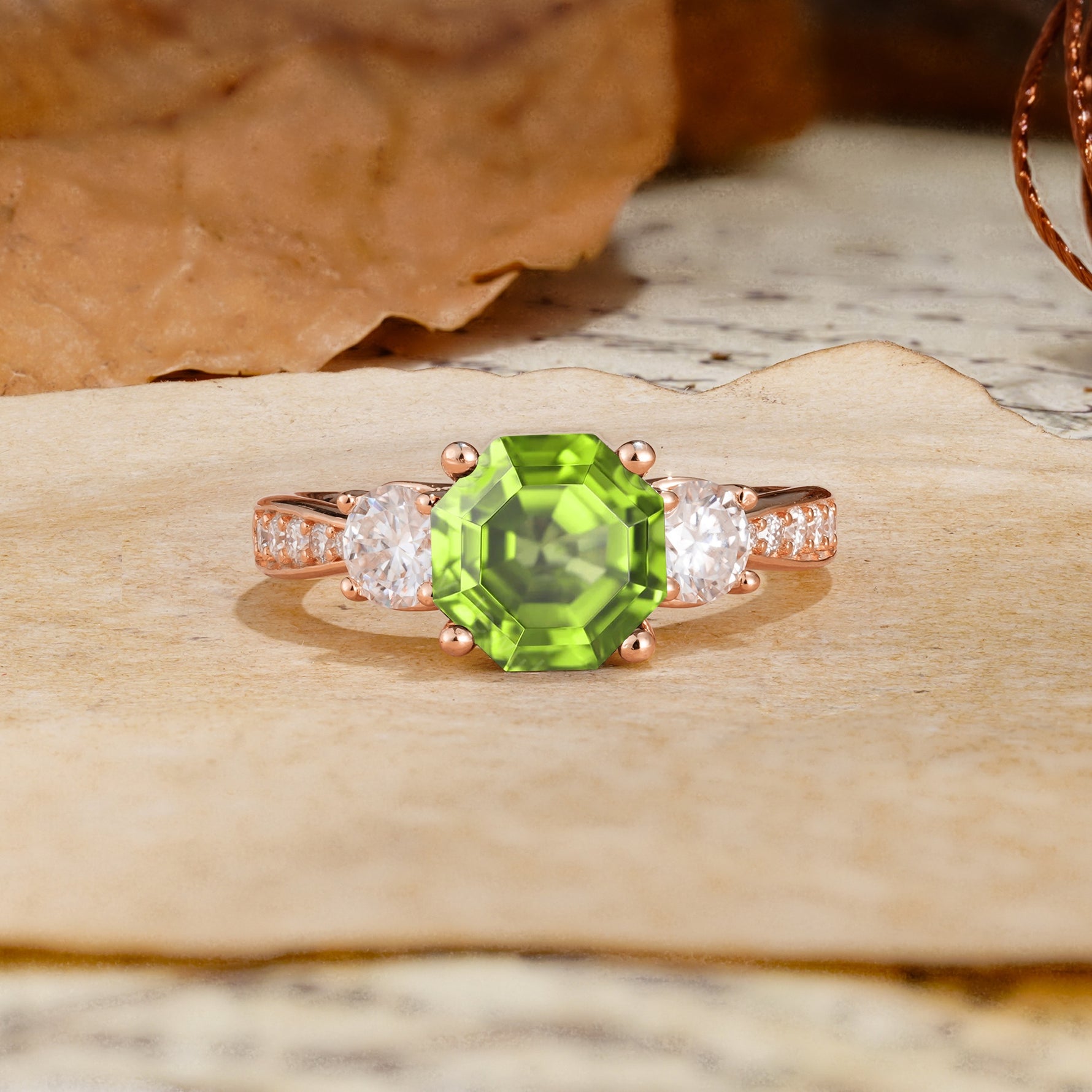Classic Luxury 4-Prong Hexagonal Cut Peridot Three Stones Wedding Ring - Additional view