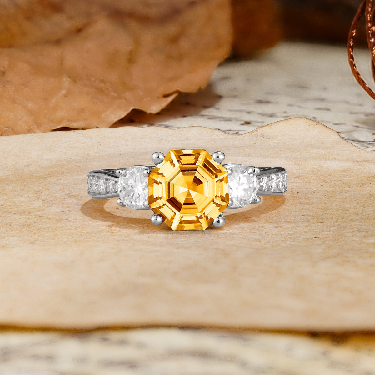 Classic Luxury 4-Prong Hexagonal Cut Citrine Three Stones Wedding Ring - Additional view
