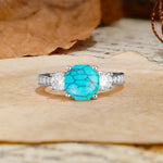 Classic Luxury 4-Prong Hexagonal Cut Turquoise Three Stones Wedding Ring - Additional view