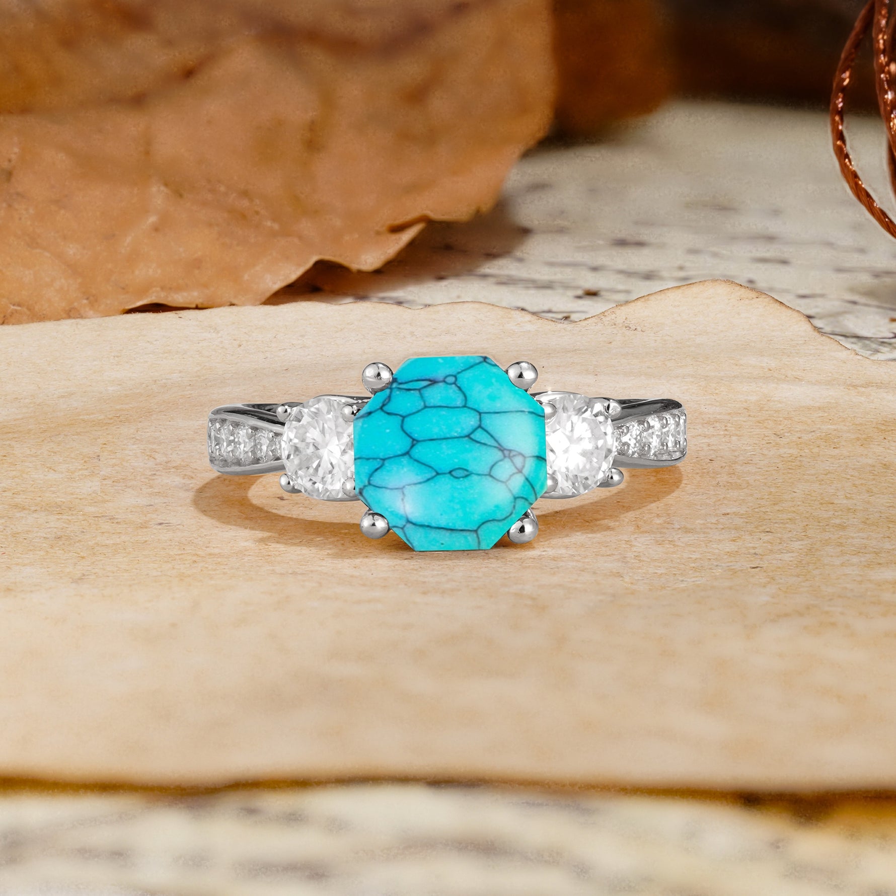 Classic Luxury 4-Prong Hexagonal Cut Turquoise Three Stones Wedding Ring - Additional view