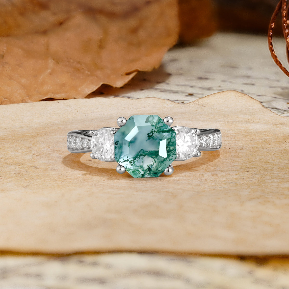 Classic Luxury 4-Prong Hexagonal Cut Moss Agate Three Stones Wedding Ring - Additional view