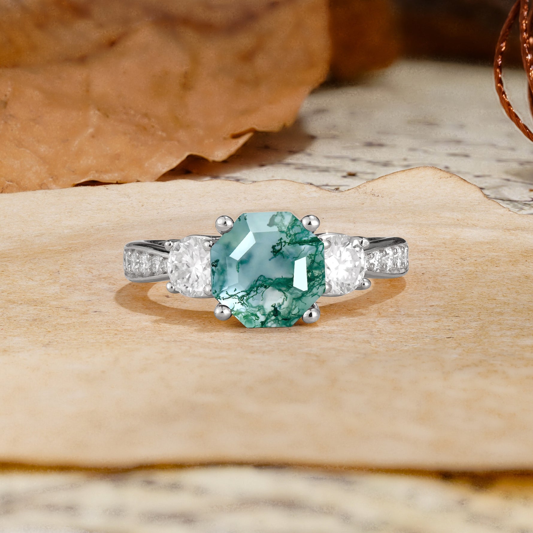 Classic Luxury 4-Prong Hexagonal Cut Moss Agate Three Stones Wedding Ring - Additional view
