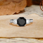 Classic Luxury 4-Prong Hexagonal Cut Black Onyx Three Stones Wedding Ring - Additional view