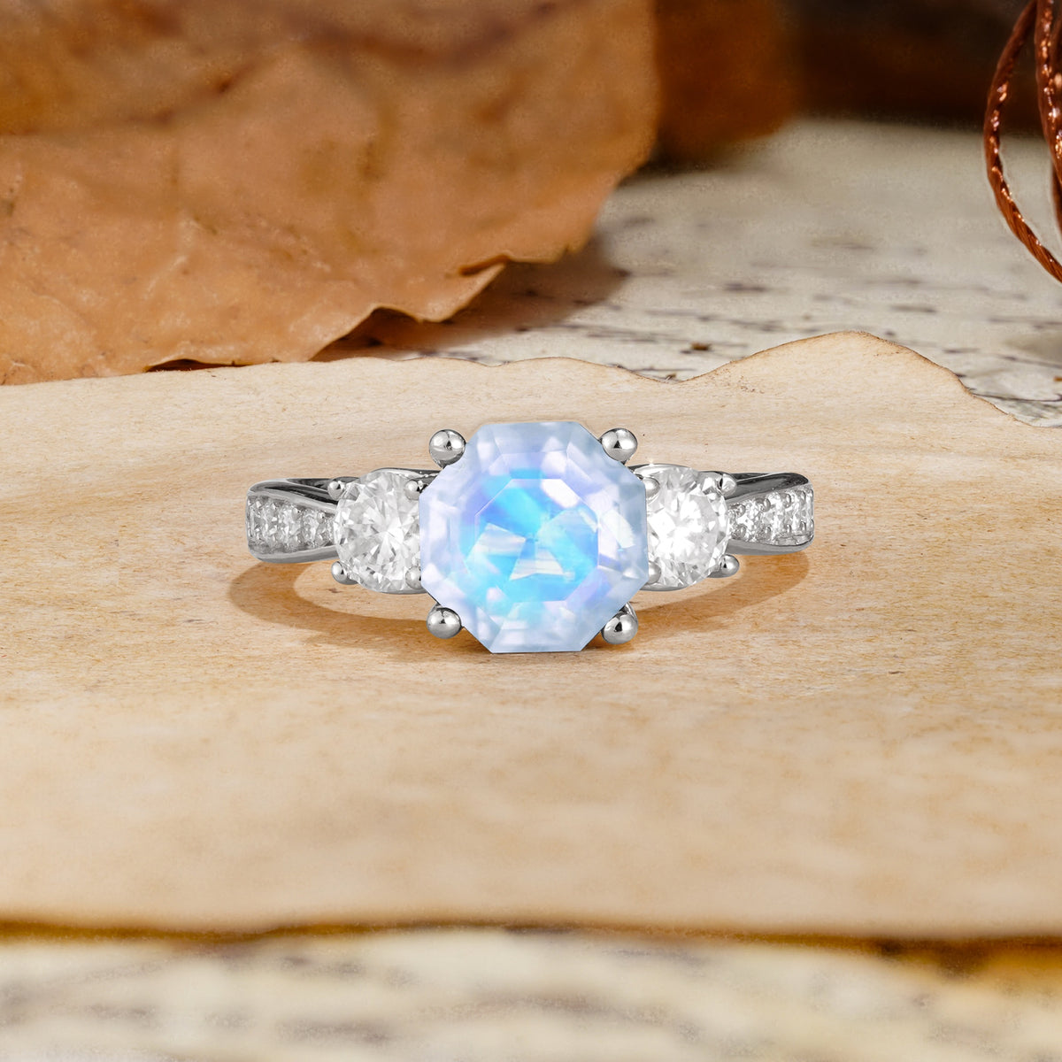 Classic Luxury 4-Prong Hexagonal Cut Moonstone Three Stones Wedding Ring - Additional view