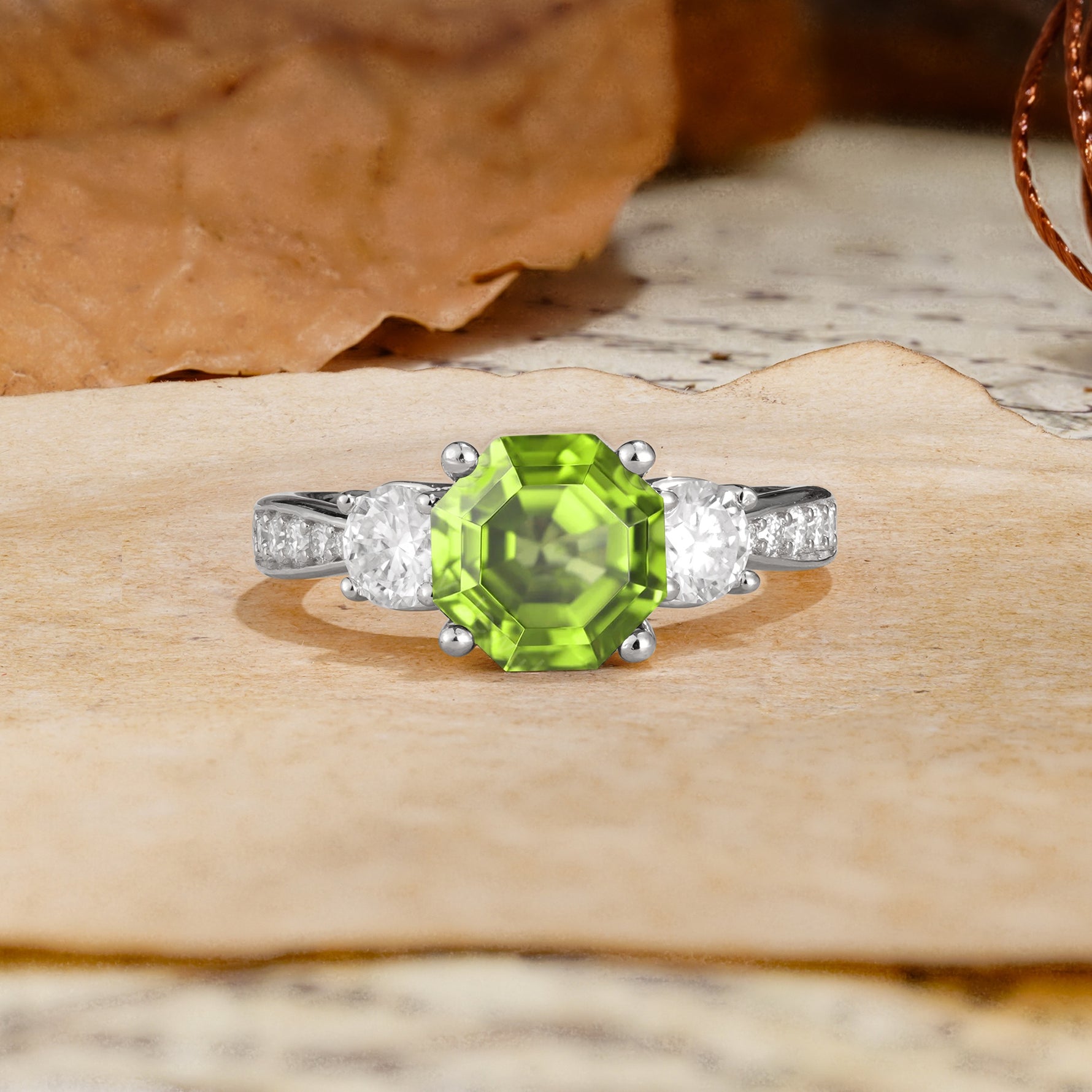 Classic Luxury 4-Prong Hexagonal Cut Peridot Three Stones Wedding Ring - Additional view