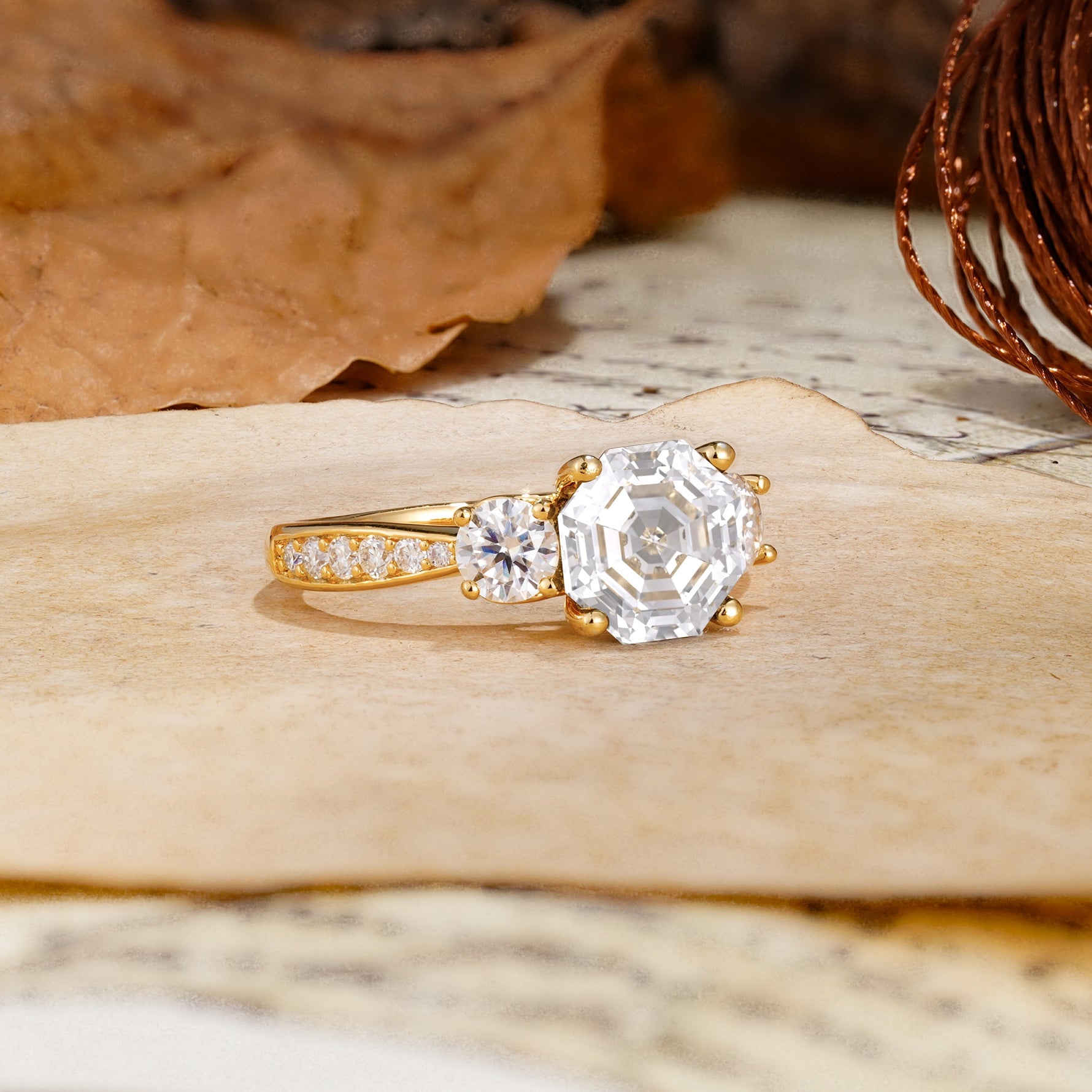Classic Luxury 4-Prong Hexagonal Cut Moissanite Three Stones Wedding Ring - Additional view