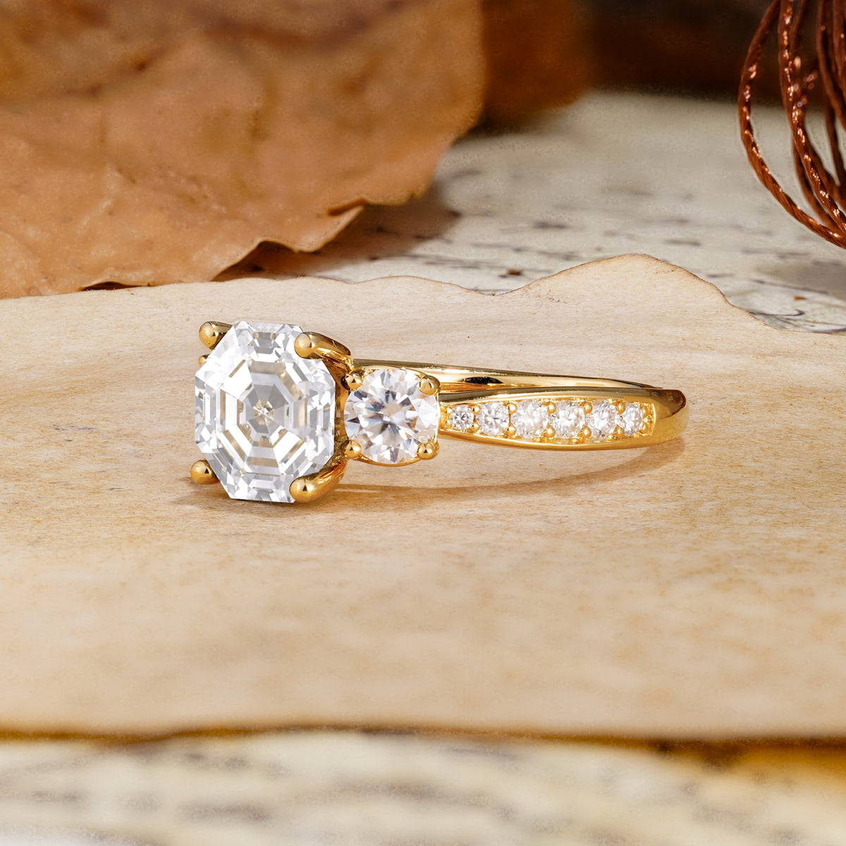 Classic Luxury 4-Prong Hexagonal Cut Moissanite Three Stones Wedding Ring - Additional view