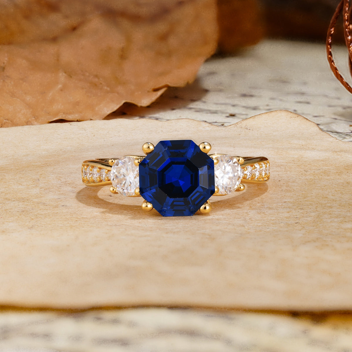 Classic Luxury 4-Prong Hexagonal Cut Sapphire Three Stones Wedding Ring - Additional view