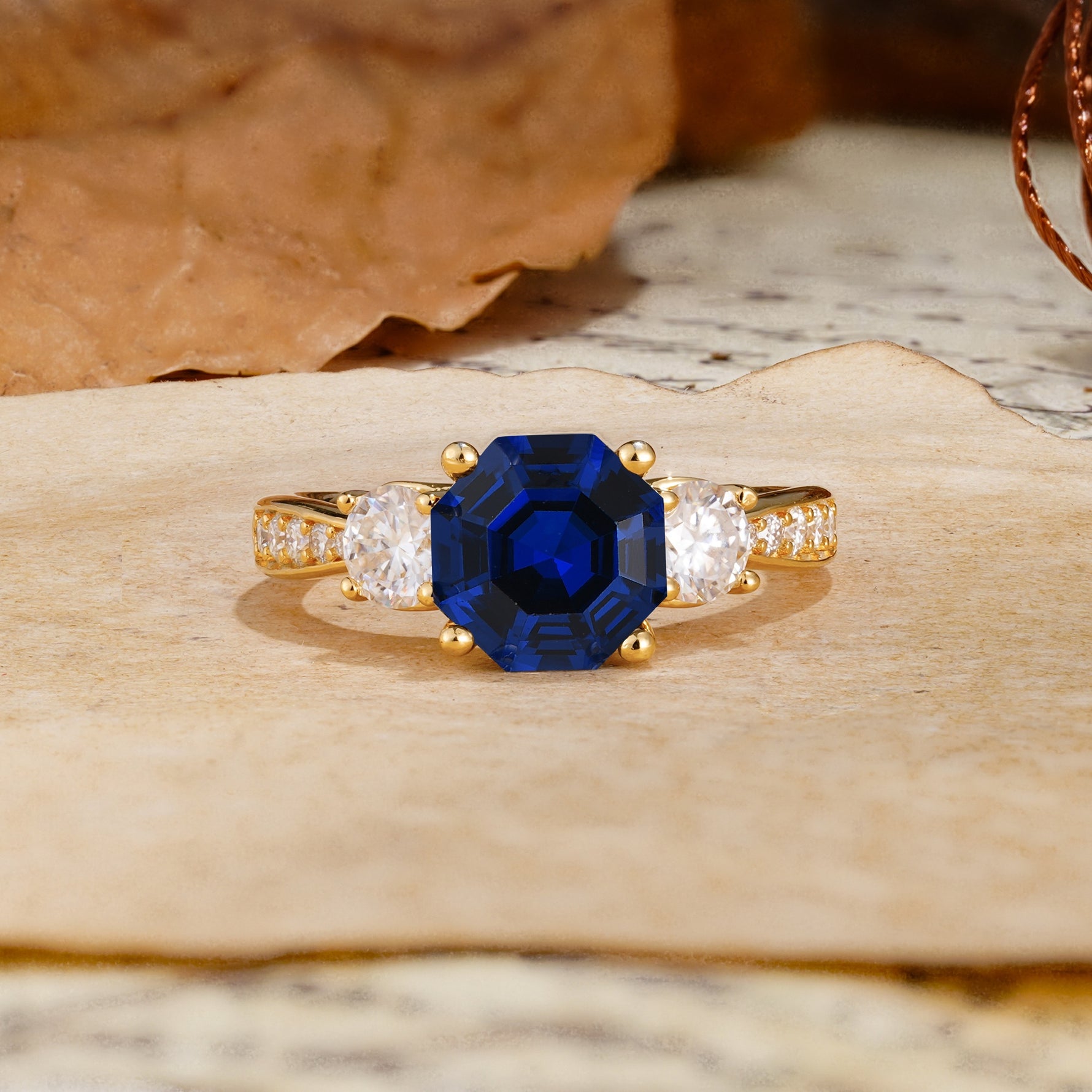 Classic Luxury 4-Prong Hexagonal Cut Sapphire Three Stones Wedding Ring - Additional view