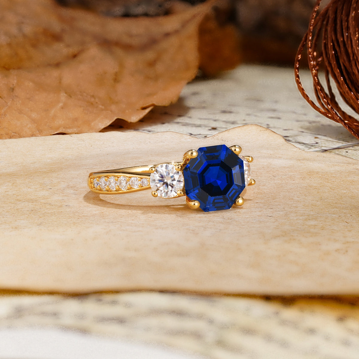 Classic Luxury 4-Prong Hexagonal Cut Sapphire Three Stones Wedding Ring - Additional view