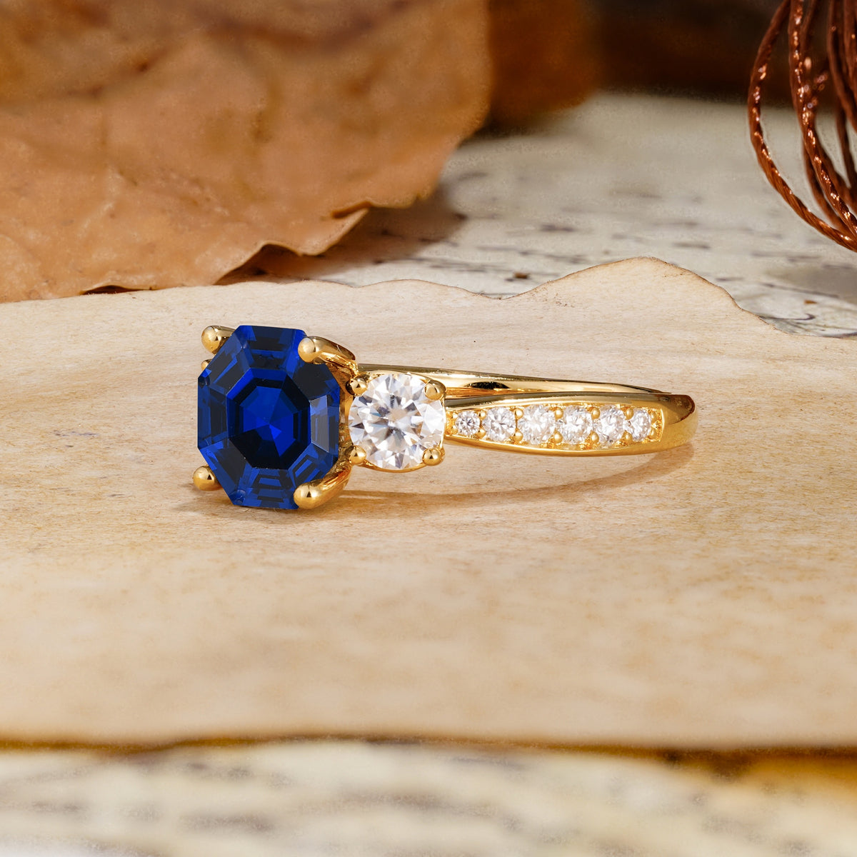 Classic Luxury 4-Prong Hexagonal Cut Sapphire Three Stones Wedding Ring - Additional view