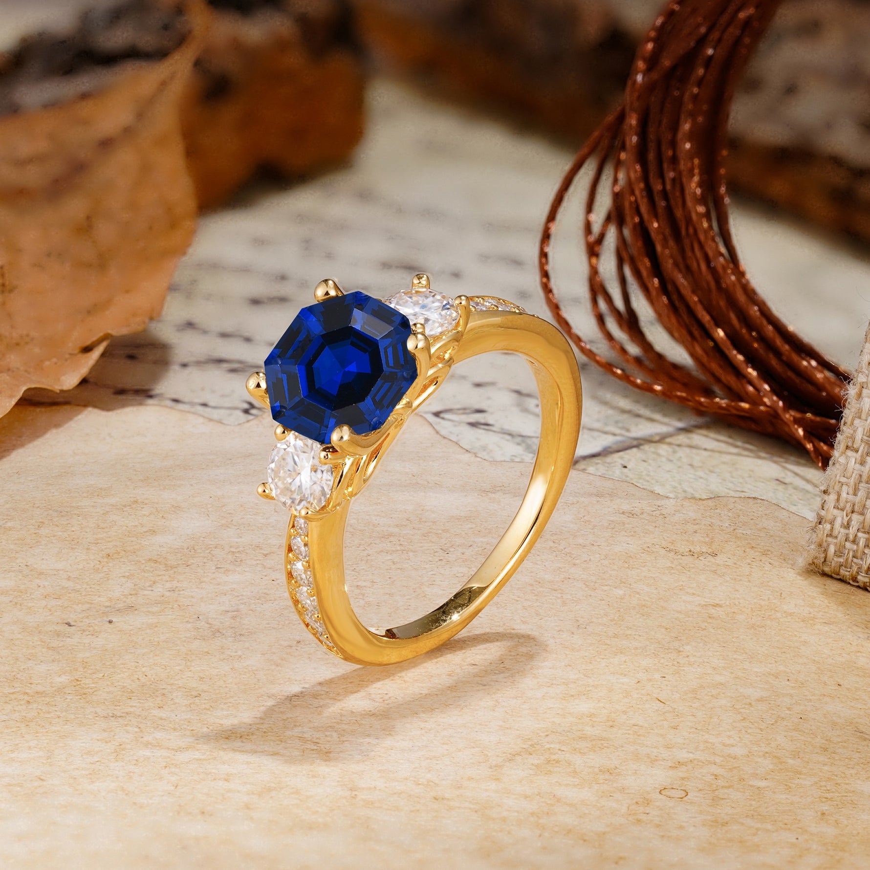 Classic Luxury 4-Prong Hexagonal Cut Sapphire Three Stones Wedding Ring - Additional view