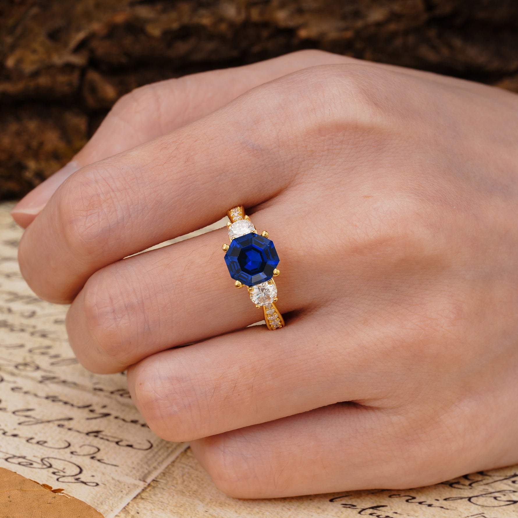 Classic Luxury 4-Prong Hexagonal Cut Sapphire Three Stones Wedding Ring - Additional view