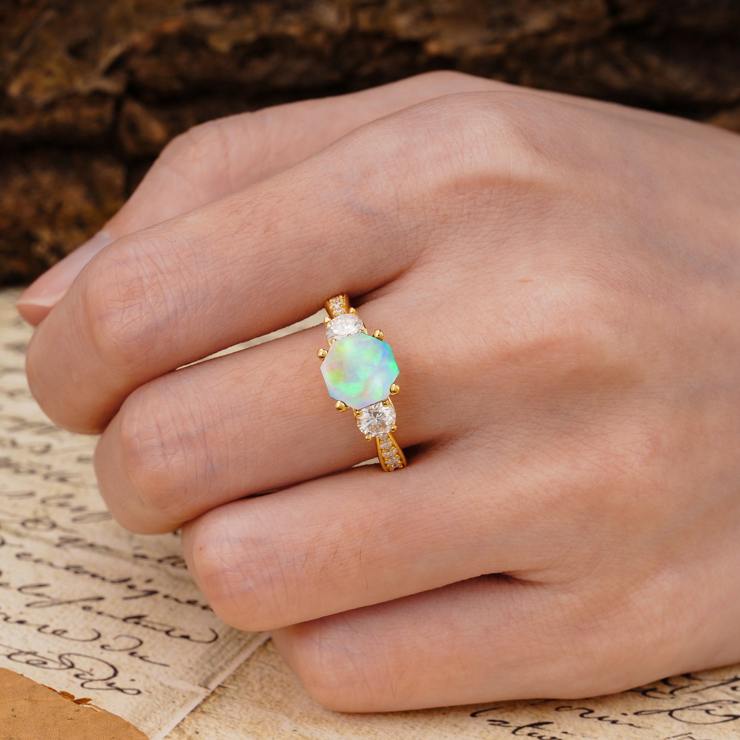 Classic Luxury 4-Prong Hexagonal Cut Fire Opal Three Stones Wedding Ring