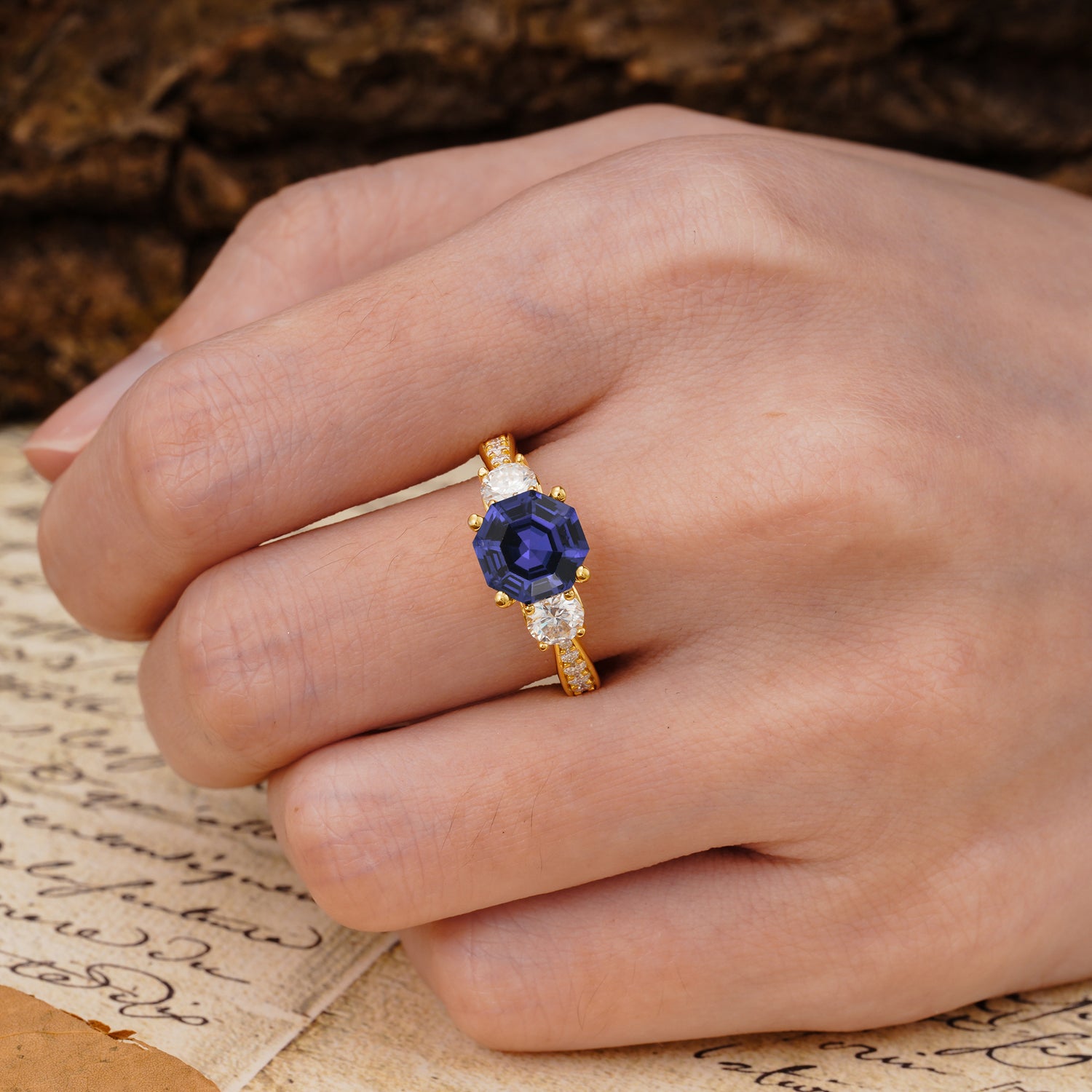 Classic Luxury 4-Prong Hexagonal Cut Tanzanite Three Stones Wedding Ring