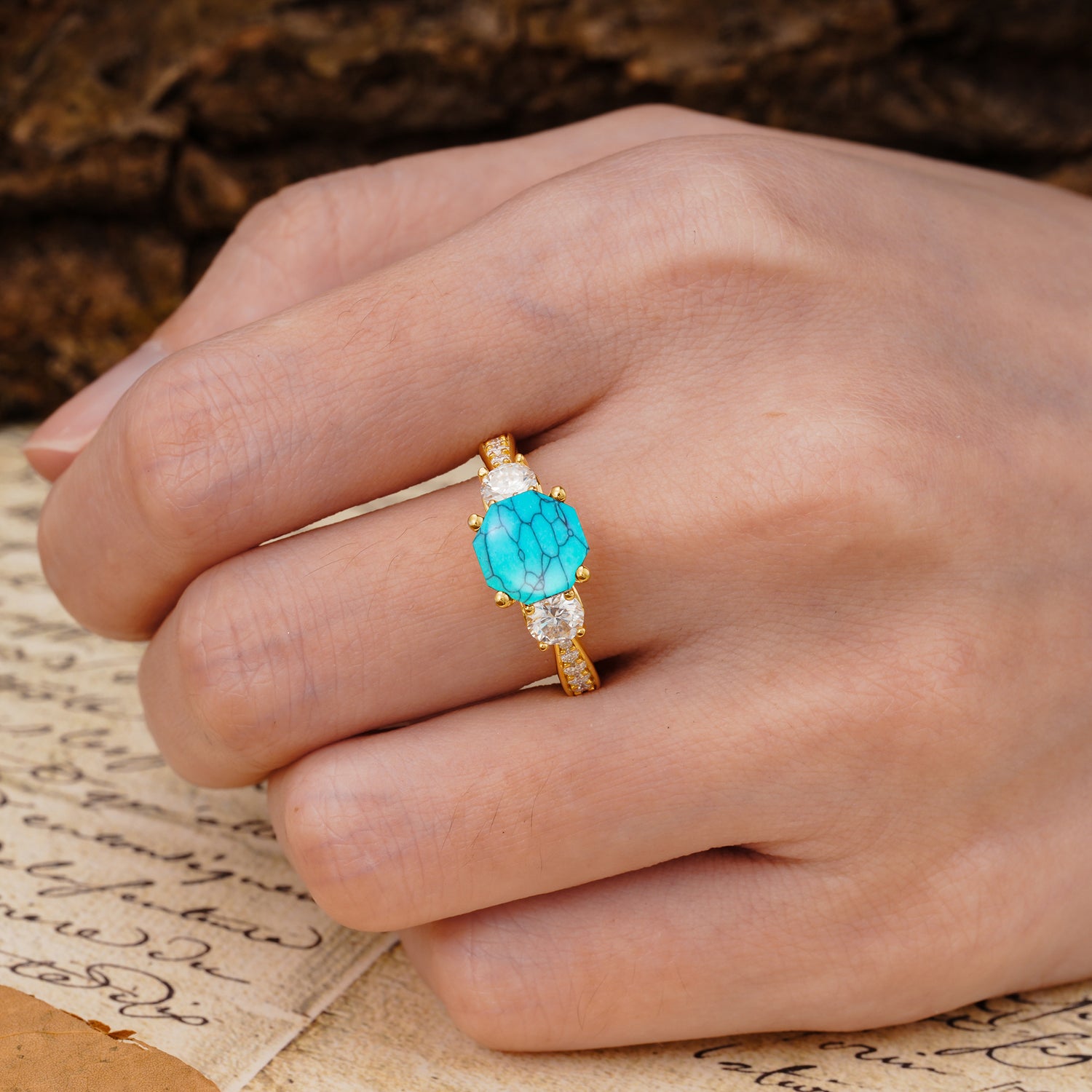 Classic Luxury 4-Prong Hexagonal Cut Turquoise Three Stones Wedding Ring