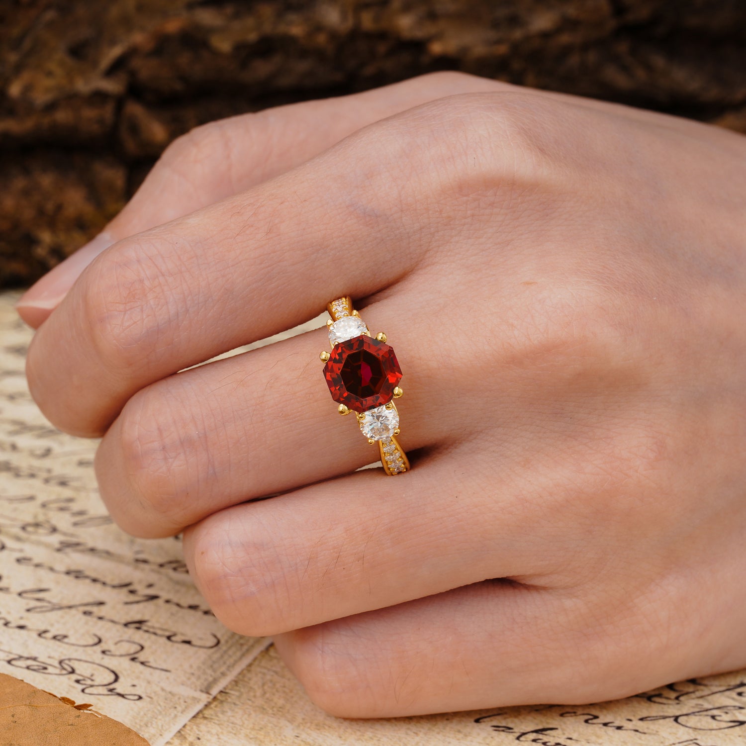Classic Luxury 4-Prong Hexagonal Cut Garnet Three Stones Wedding Ring