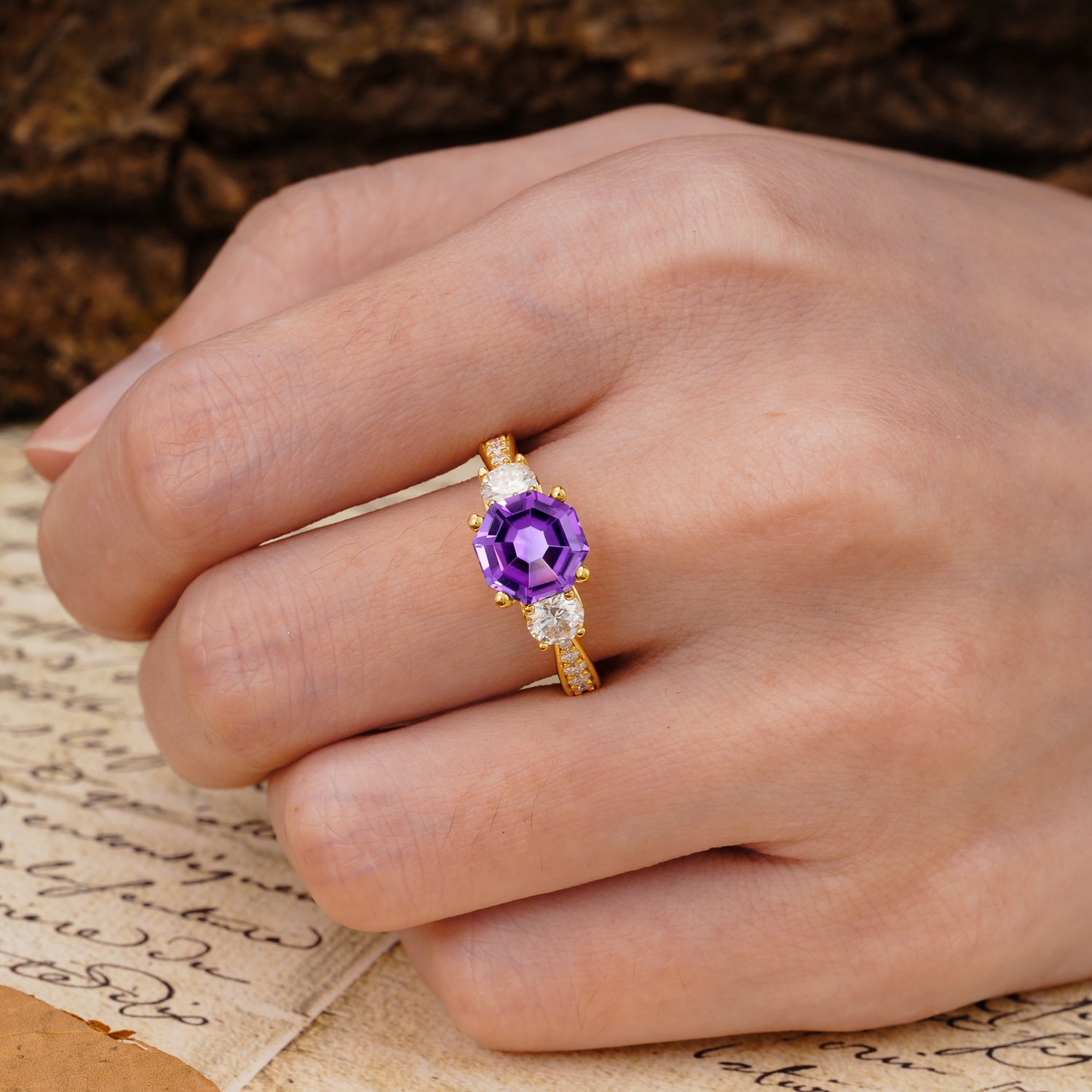 Classic Luxury 4-Prong Hexagonal Cut Amethyst Three Stones Wedding Ring