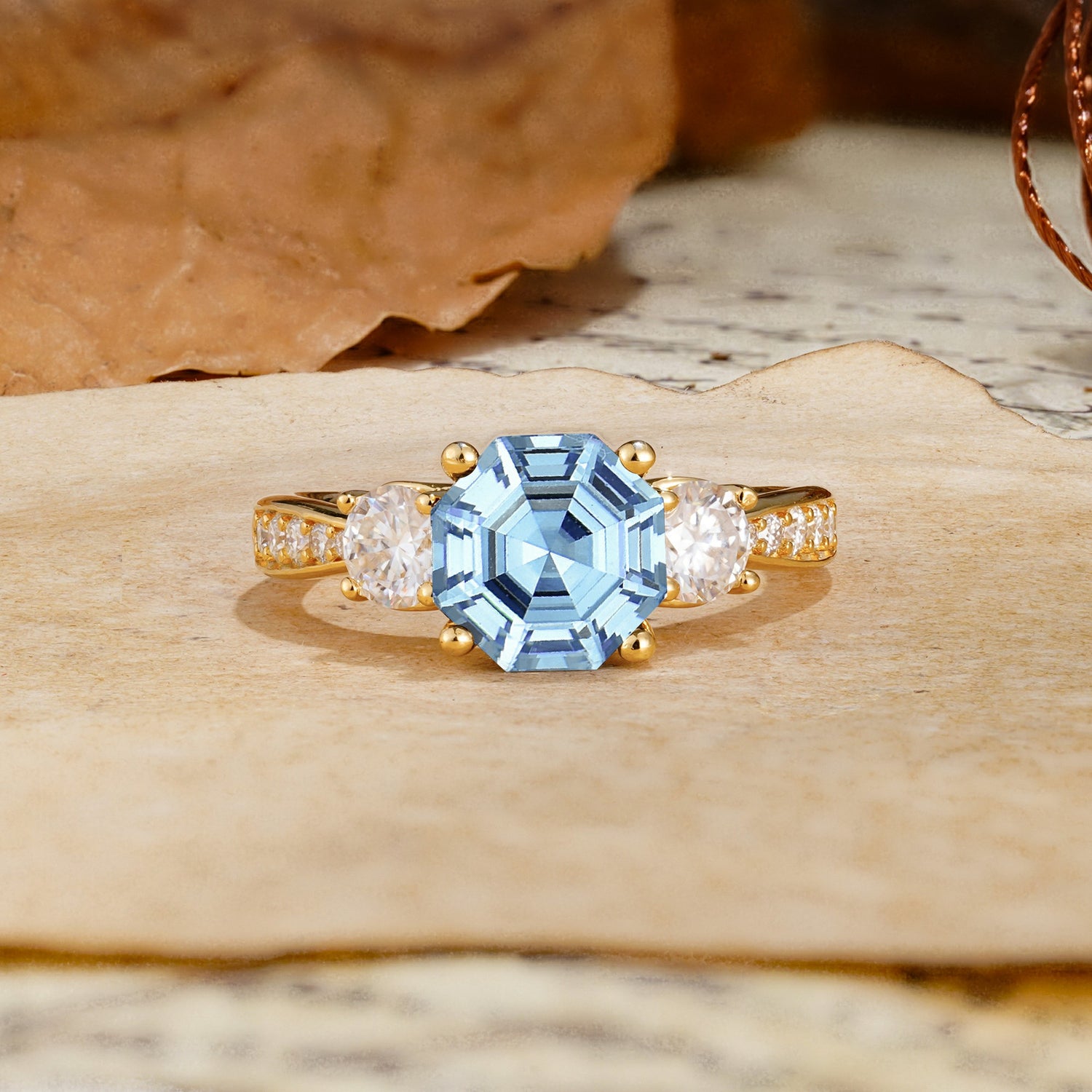 Classic Luxury 4-Prong Hexagonal Cut Aquamarine Three Stones Wedding Ring