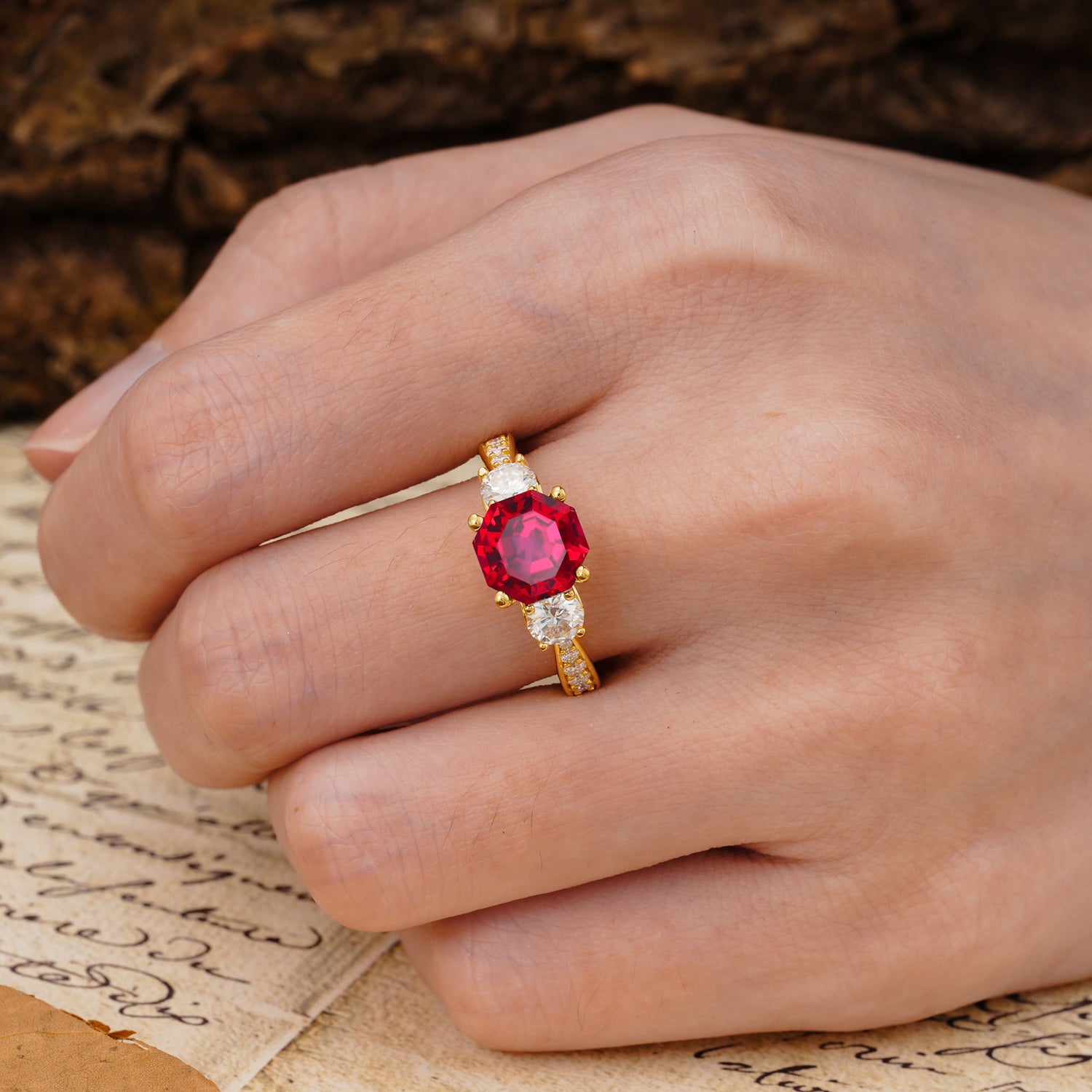 Classic Luxury 4-Prong Hexagonal Cut Ruby Three Stones Wedding Ring
