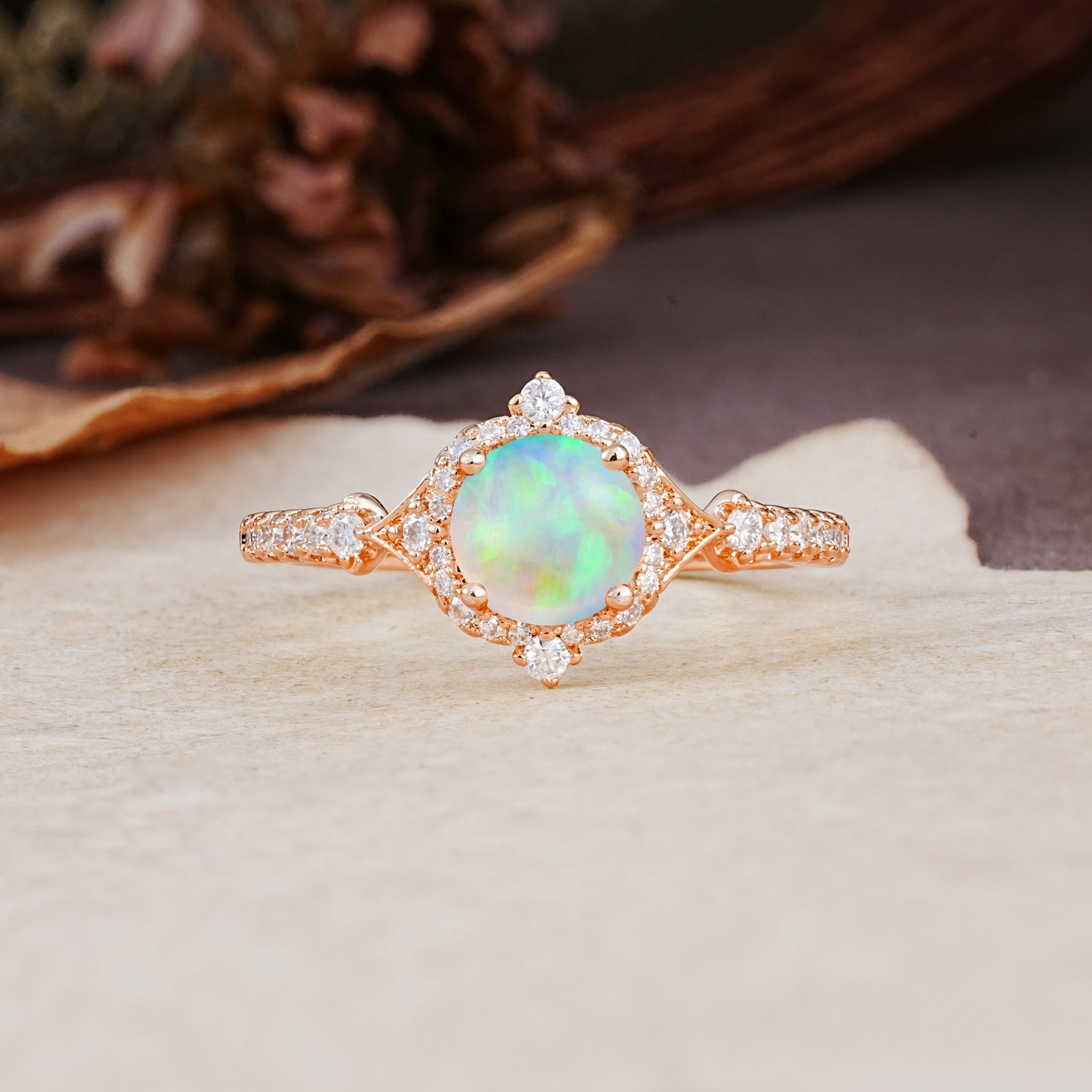 Luxurious Vintage 4-Prong Round Cut Fire Opal Engagement Ring - Additional view