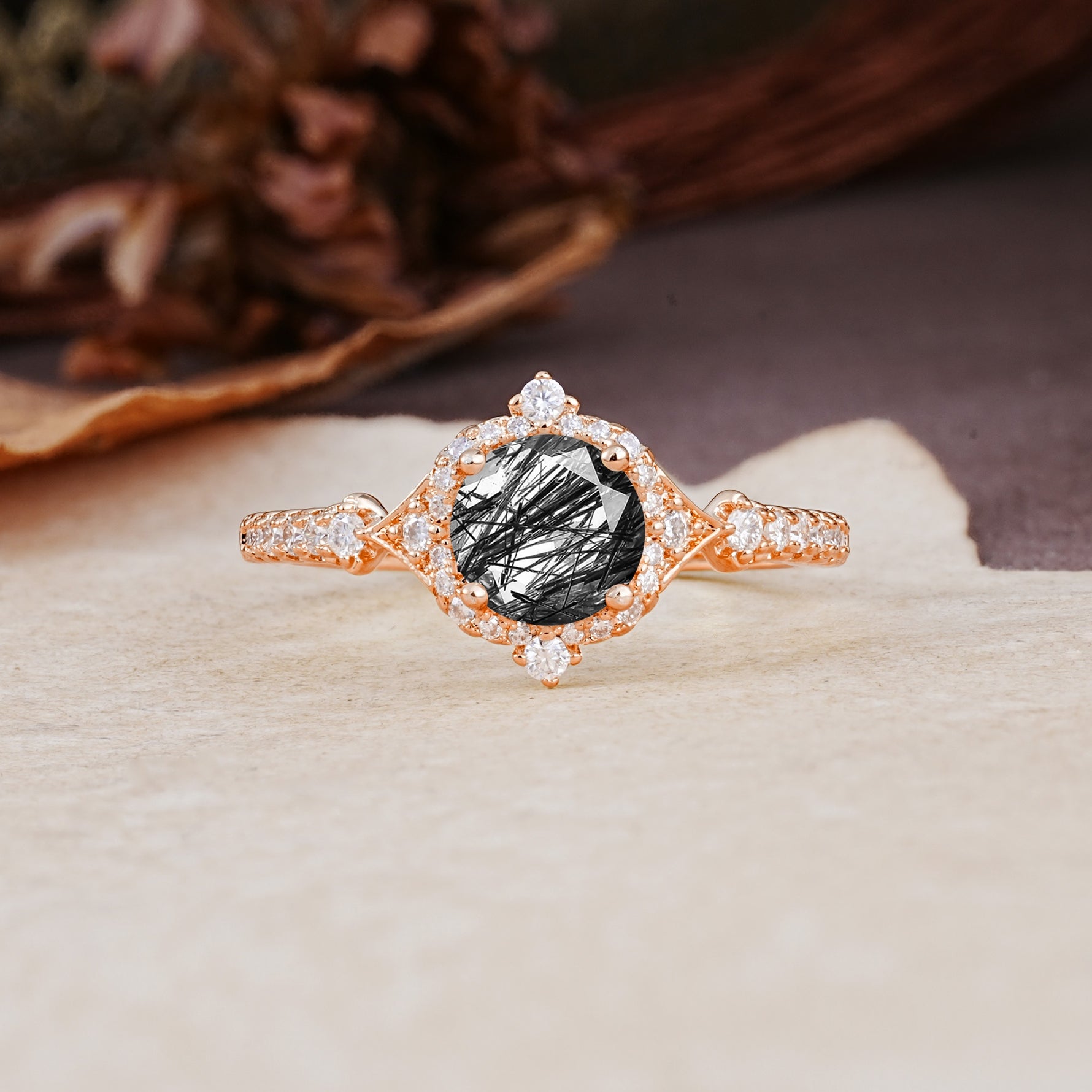 Luxurious Vintage 4-Prong Round Cut Black Rutilated Quartz Engagement Ring - Additional view