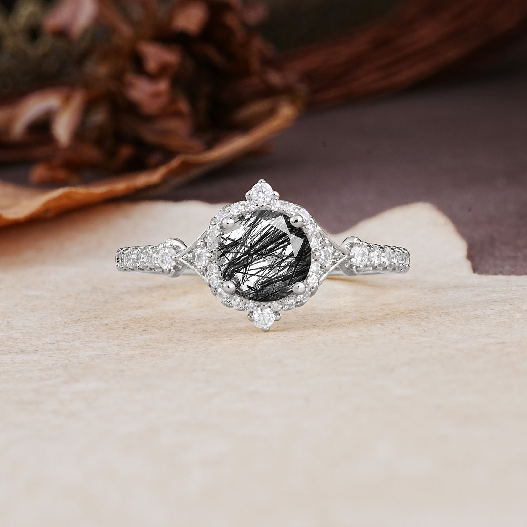 Luxurious Vintage 4-Prong Round Cut Black Rutilated Quartz Engagement Ring - Additional view