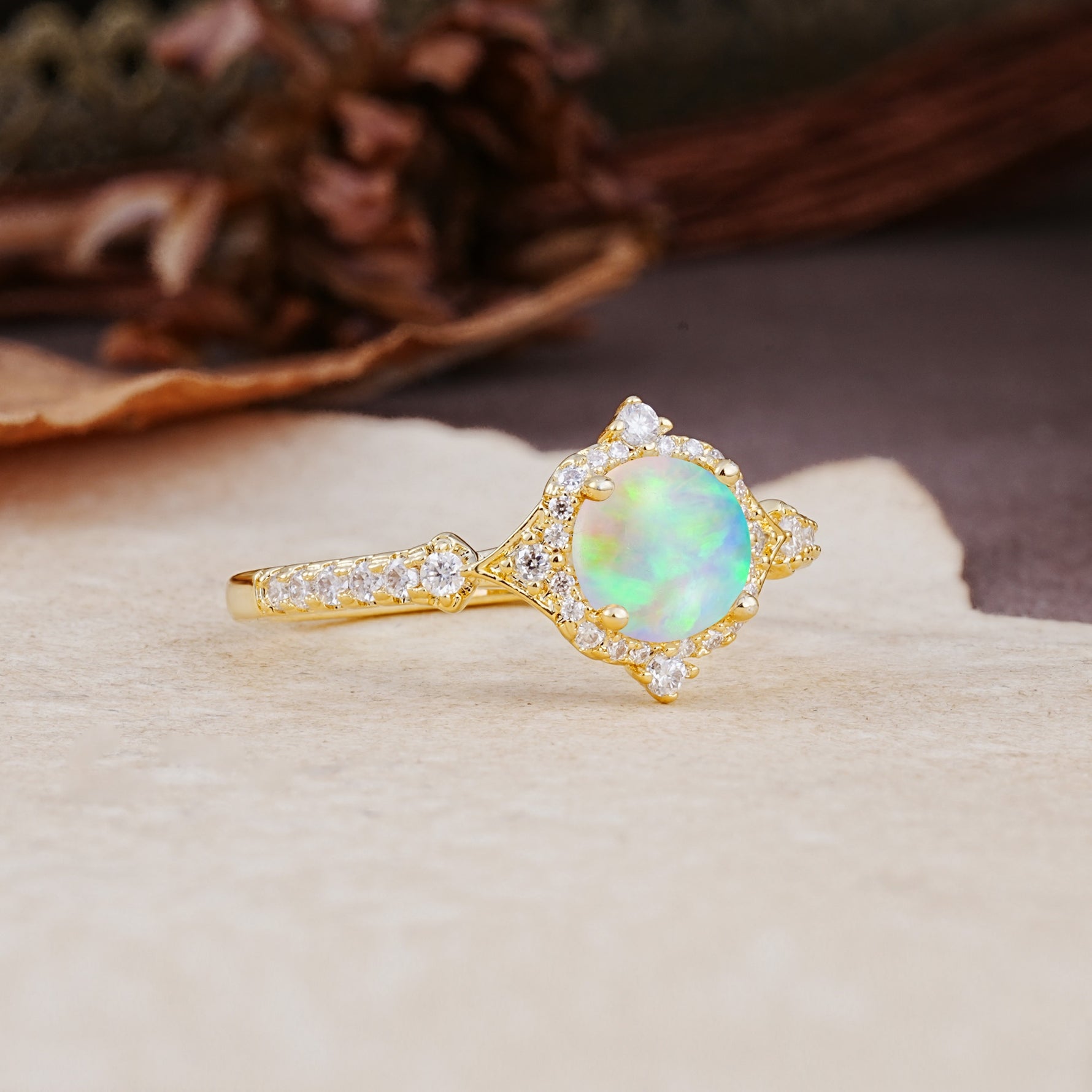 Luxurious Vintage 4-Prong Round Cut Fire Opal Engagement Ring - Additional view