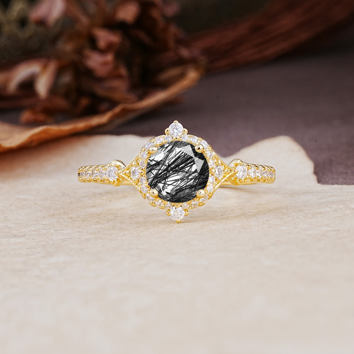 Luxurious Vintage 4-Prong Round Cut Black Rutilated Quartz Engagement Ring - Additional view